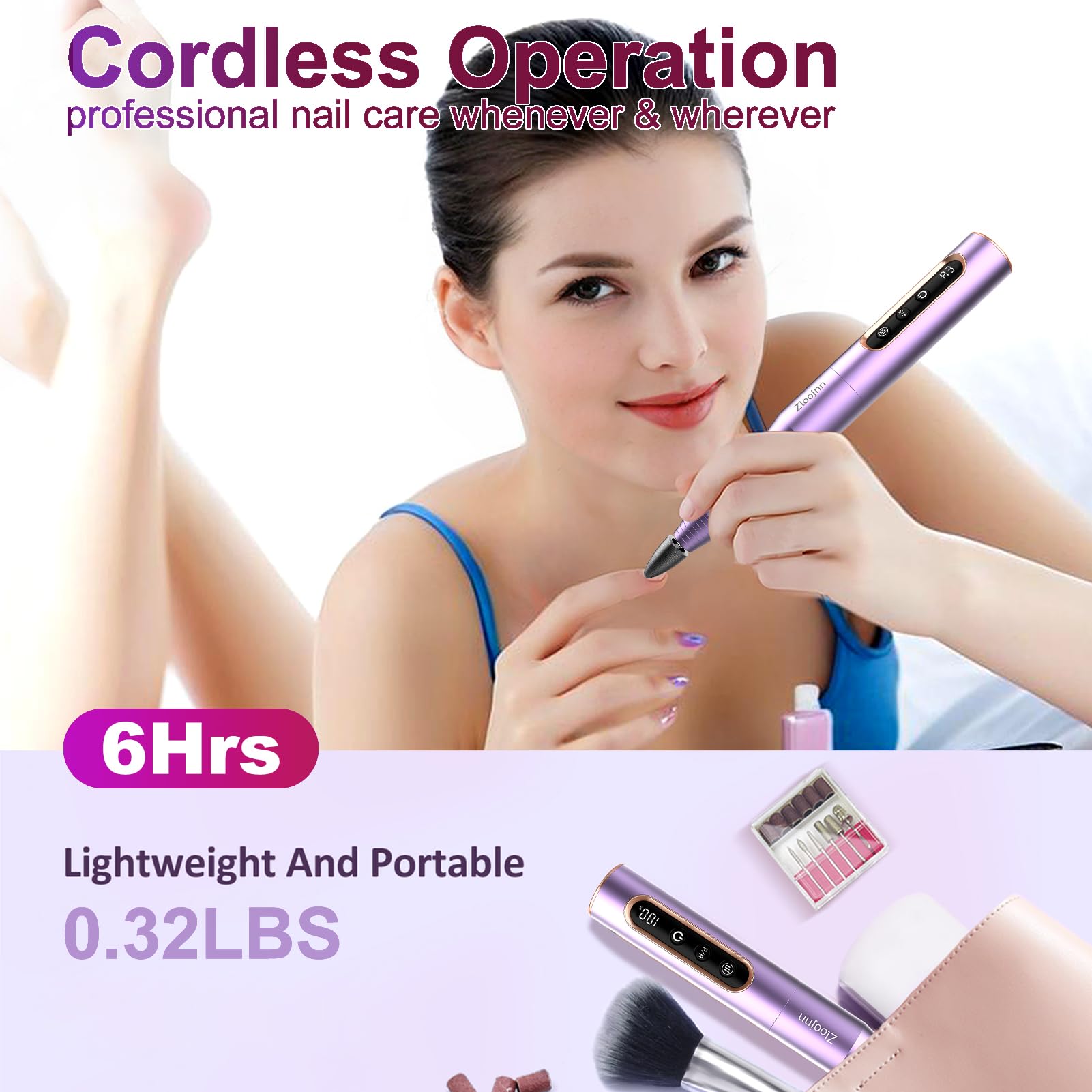 Kabelloser Nagelbohrer Elektrisch Wiederaufladbare Feile Kit, Professionelles Efile Acrylgel Nagellackentferner Pediküre Maniküre Maschine Tragbares Set für Salon Zuhause Lila