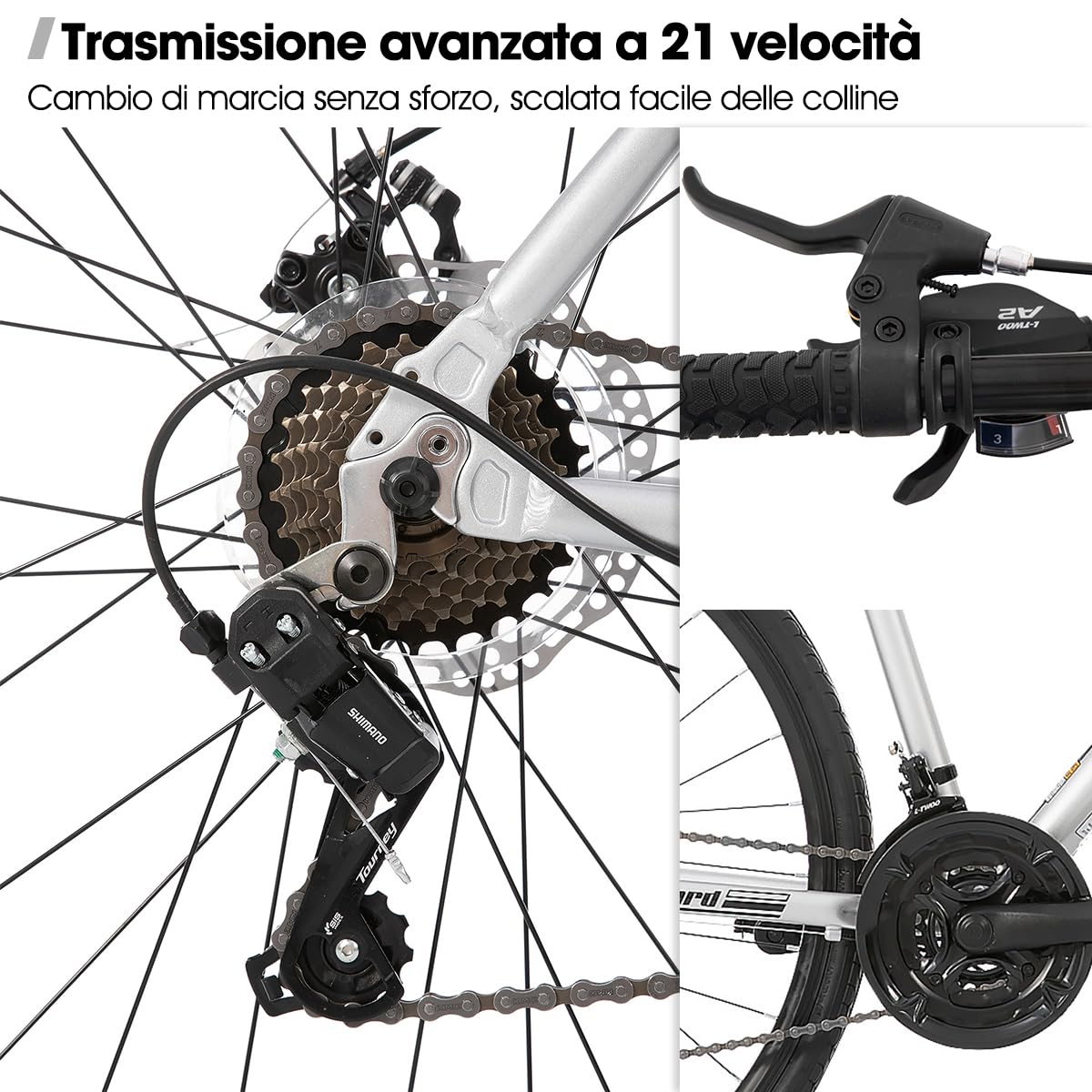 Hiland Bici da Strada City 28 Pollici, Telaio in Alluminio 700C Unisex, Freni a Disco Anteriore e Posteriore, 21 Velocità, Telaio 530/570 mm, Nero/Rosso/Argento