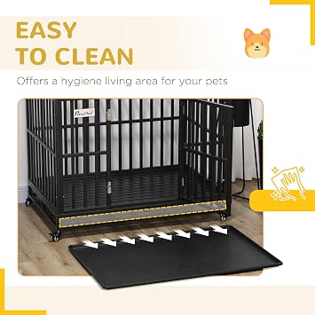 PawHut Heavy Duty Dog Crate Metal Kennel and Cage Dog Playpen with Lockable Wheels, Slide-Out Tray and Anti-Pinching Floor, 45 x 29.5 x 35