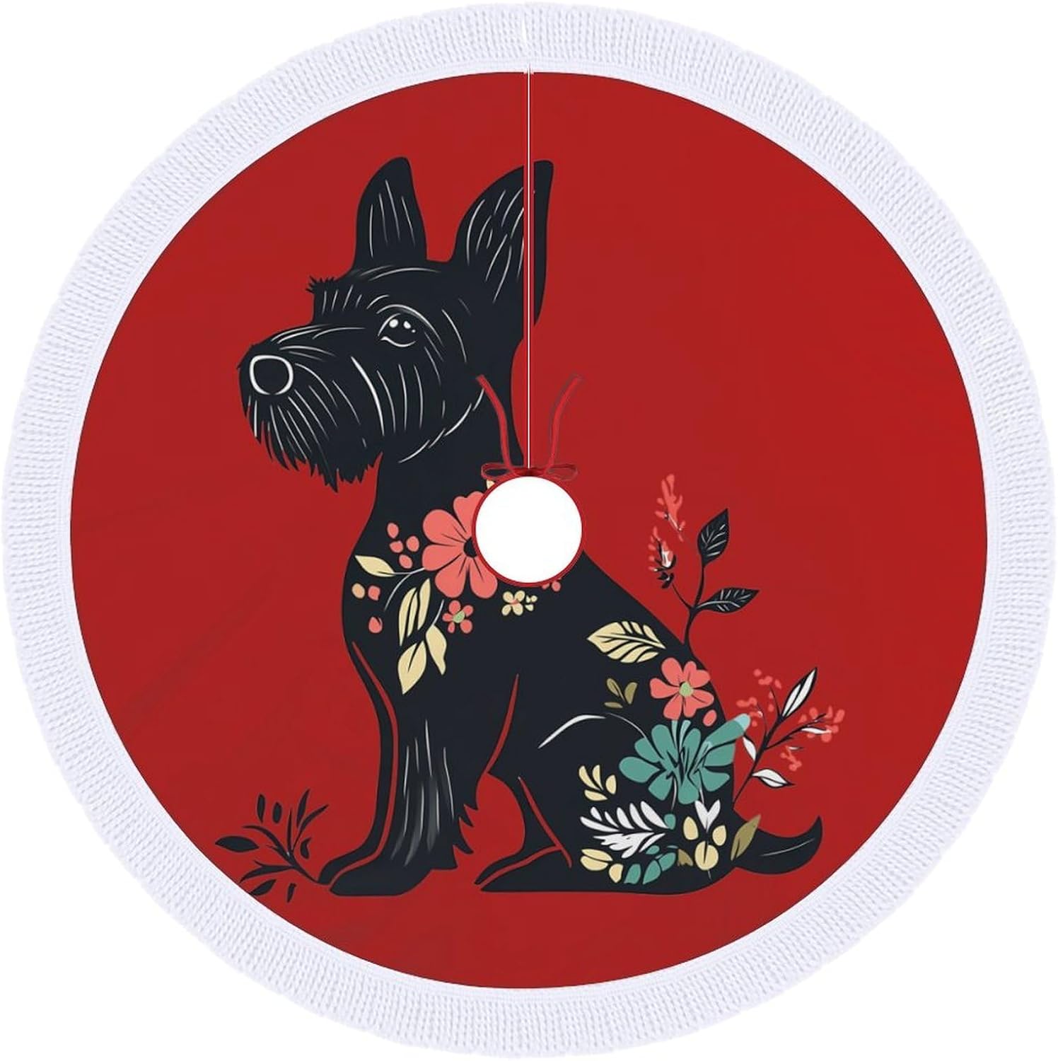 Scottish Terrier Floral Christmas Tree Skirt Round Xmas Tree Mat Ornaments Tree Skirts with Tassels for Holiday Party