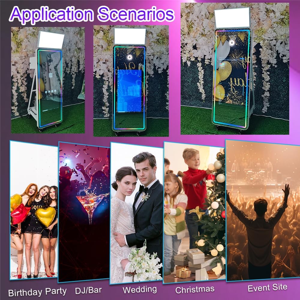 63'' Mirror Photo Booth,32'' Interactive Touch Screen with Square Light and RGB Light,Built-in Mini PC,Magic Mirror Photo Booth for Events (Black, Machine+Mini Printer)