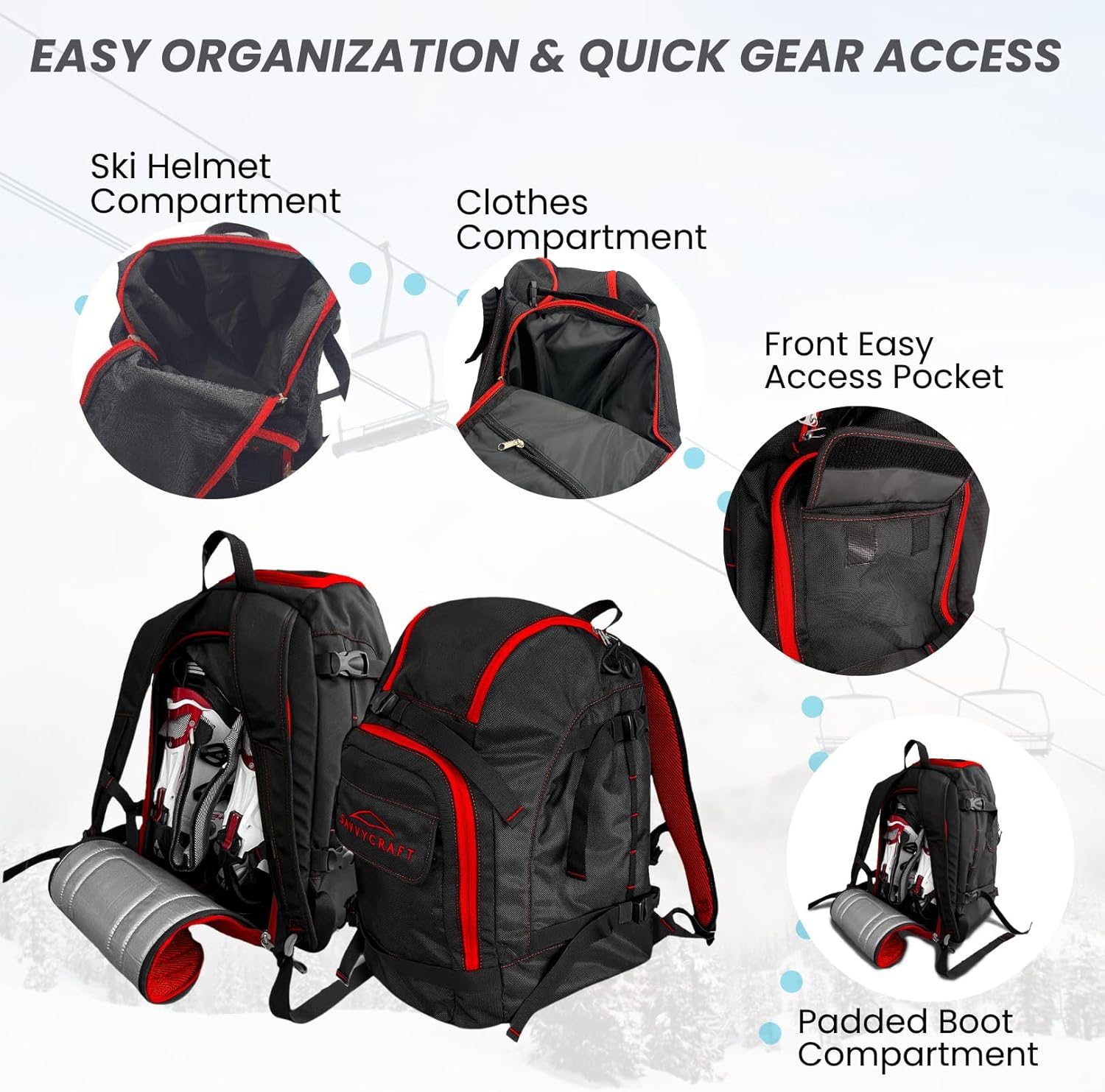 Savvycraft Ski Boot Bag Snowboard Boot Bag, 50L Ski Backpack for Ski and Snowboard Boots, Helmets, Gloves, and Accessories, Lightweight, Durable, Convenient, Red