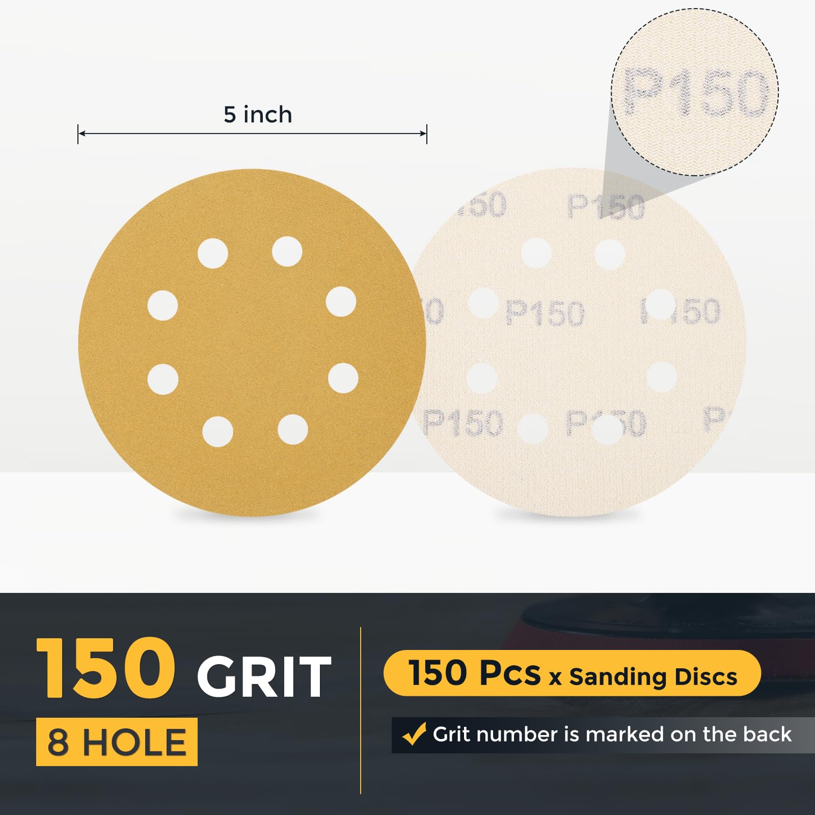 QUARKZMAN 150Pz 125mm 5" Disco Levigatura 8 Fori Grana 150 Carta Vetrata A Gancio E Anello Levigatrice Orbitale Casuale Per Lavorazione Legno Automobilistico Metallo, Oro