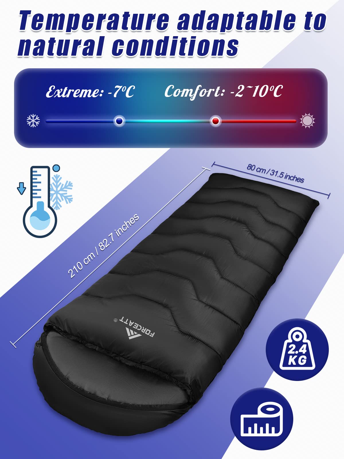 Forceatt Saco de Dormir para Adultos (210x80CM) -7~20°C Saco de Dormir Compacto 4 Estaciones, Saco de Dormir Invierno a Prueba de Agua y Desgarros,Lgrande para Camping y Senderismo.