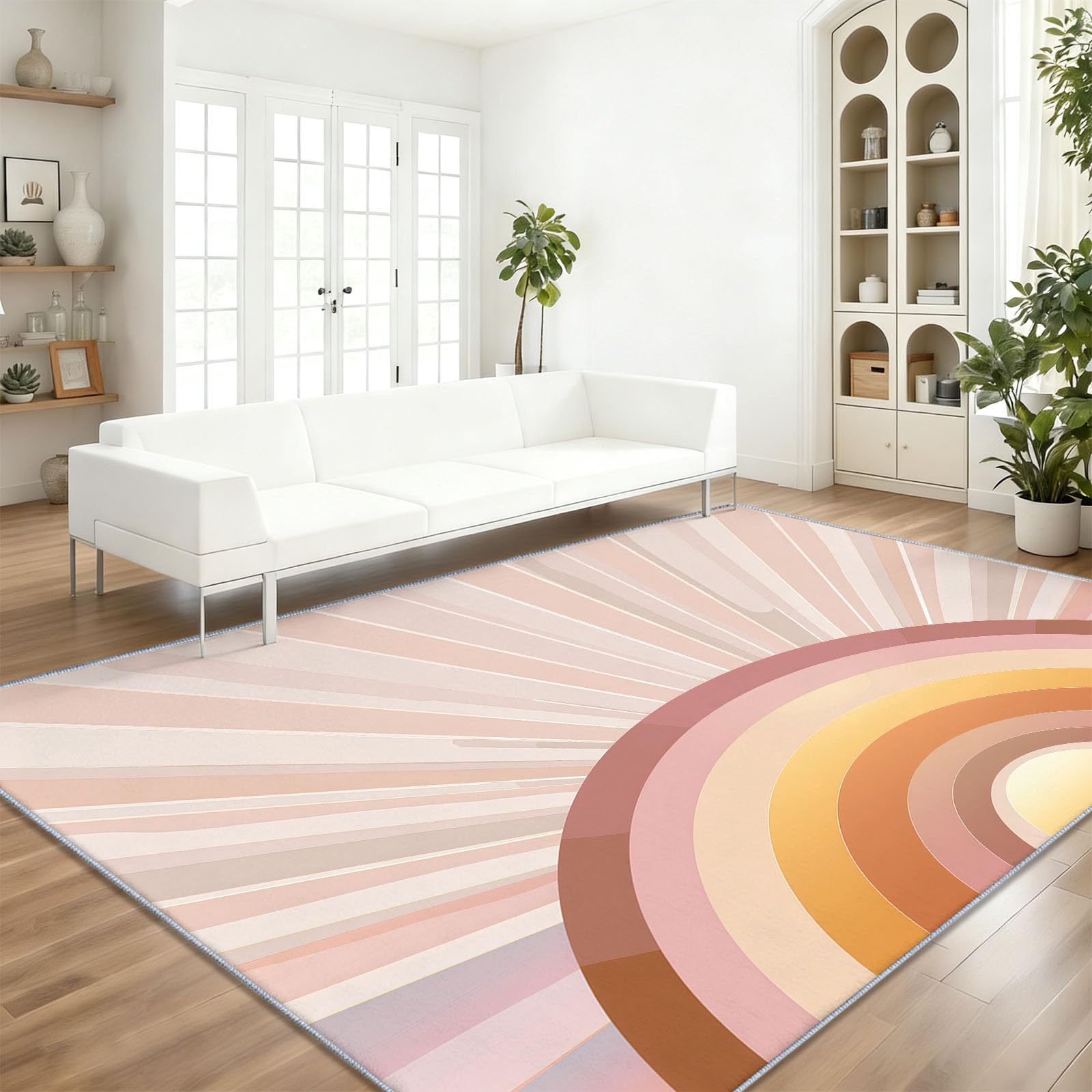 Facile d'entretien Tapis Salon Rétro Géométrique Lavable Machine, Coloré Soleil Arc en Ciel Dégradé Doux Poils Courts Tapis pour Chambre Salle à Manger, 160 x 230 cm
