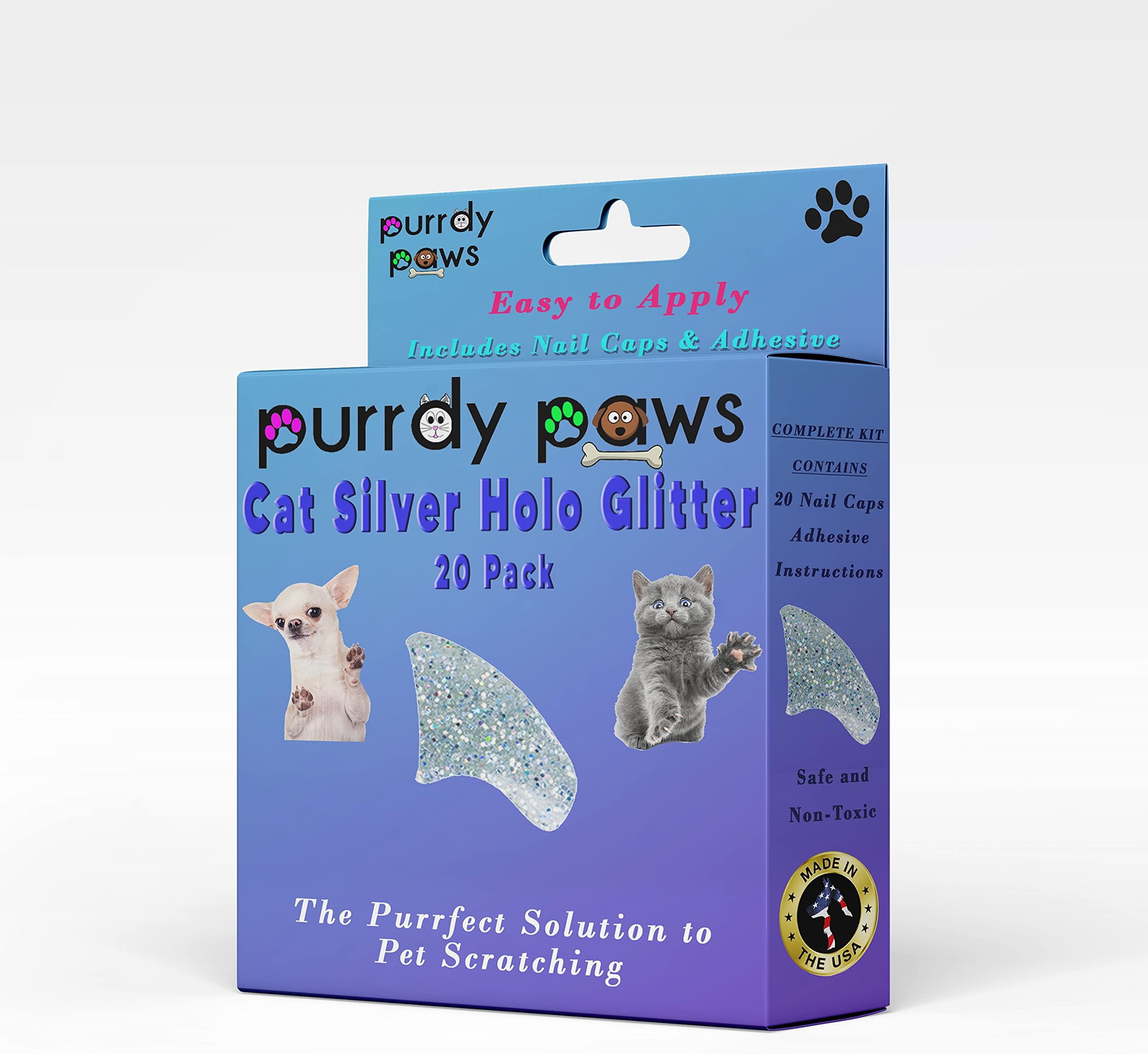 Purrdy Paws Soft Nail Caps for Cat Claws Silver Holographic Glitter Medium
