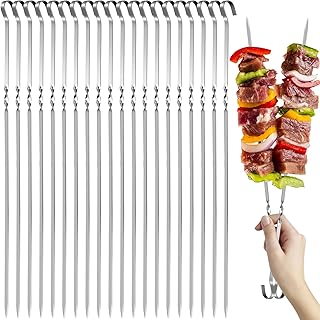 LOUNDY 20 Pieces Barbecue Skewers 14inch Stainless Steel Shish Kebab Skewers Reusable Flat Metal BBQ Skewers with Ring-Tip Handle for Grilling Meat Chicken Beef and Vegetable
