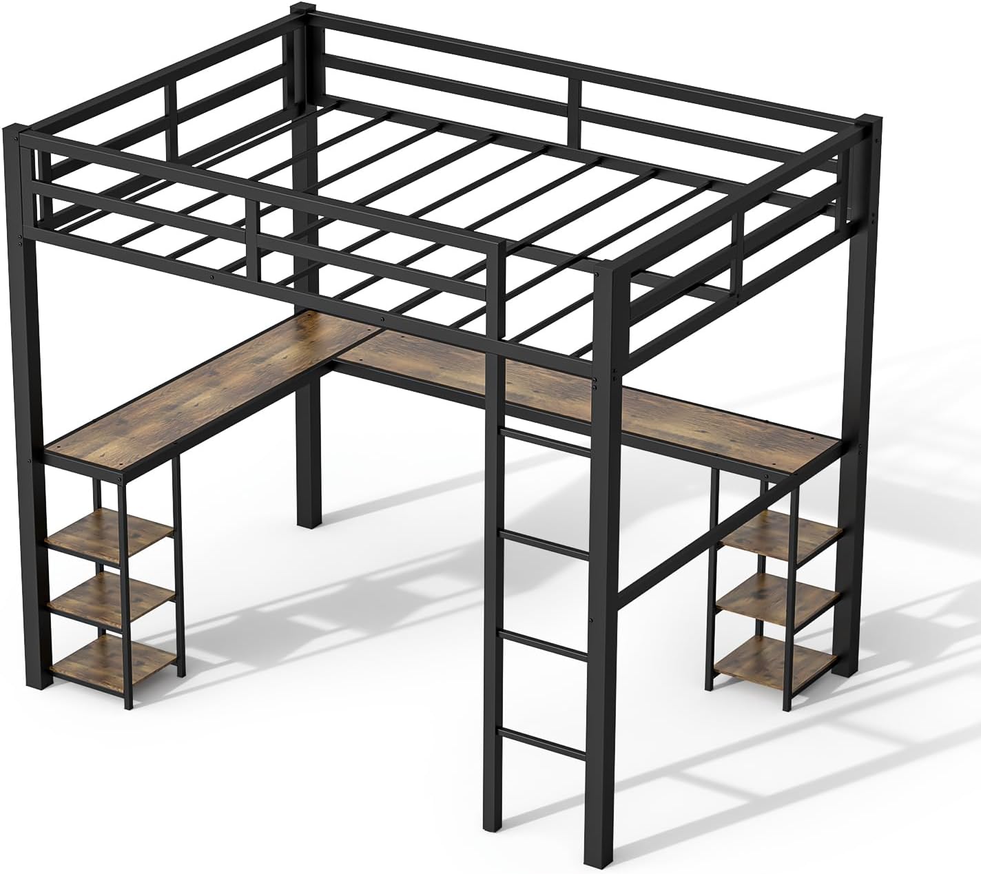 Close-up images showing noise-free baffles, sturdy metal slats, and protective feet pads.