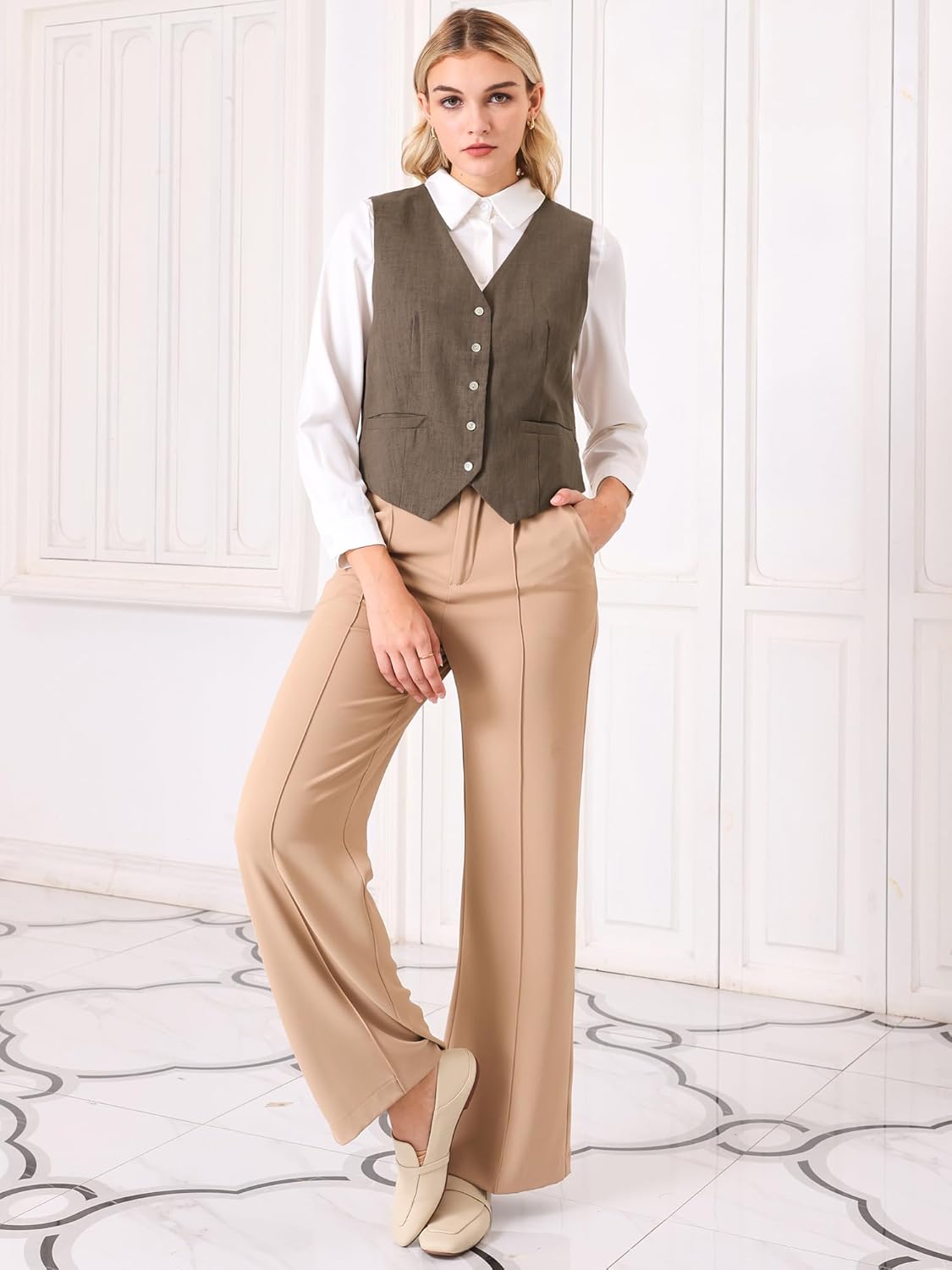 Women's Linen Vest Sleeveless Button Down V Neck Formal Business Waistcoat - Image 2
