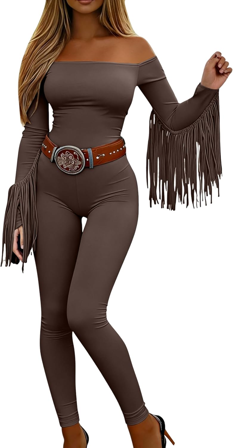 KWSTAIN Off The Shoulder Jumpsuit Fall Western Cowgirl Outfits Long Sleeve Fringe One Piece Romper For Women With Pockets