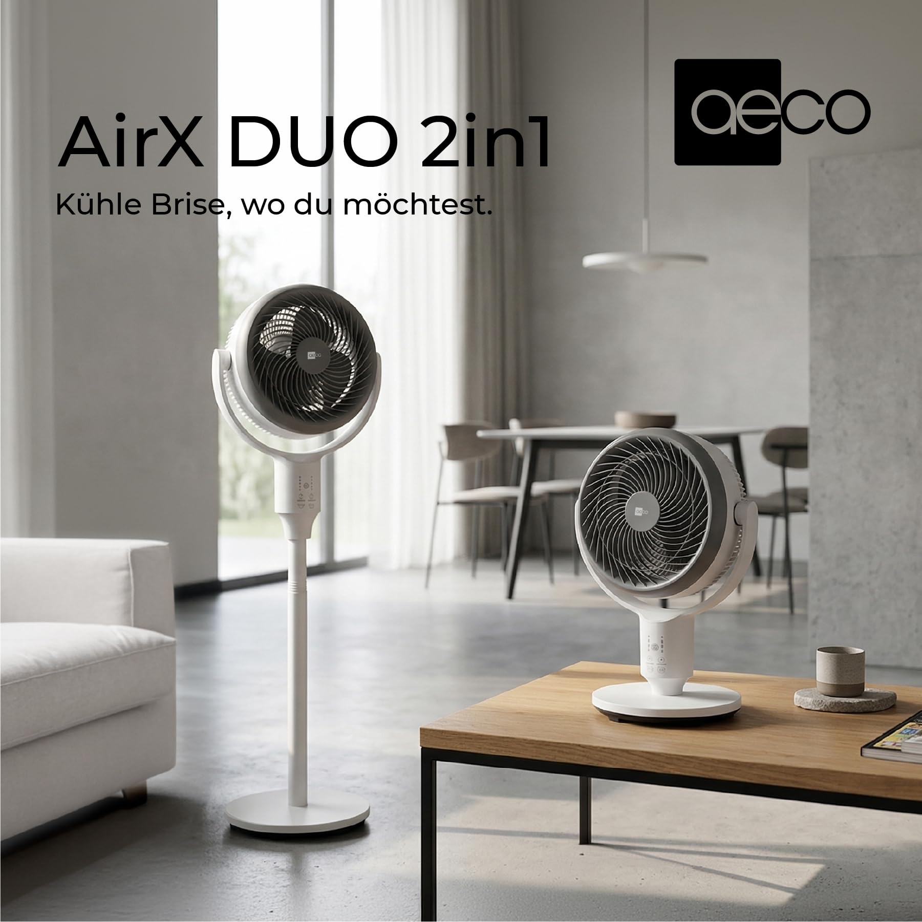 aeco AirX Duo 2in1 Tischventilator & Standventilator mit Fernbedienung | 61-118 cm Höhe | 135° + 85° Omni-Oszillierend | 4 Geschwindigkeit & 6H Timer | Leiser Fan für Schlafzimmer Büro Wohnzimmer