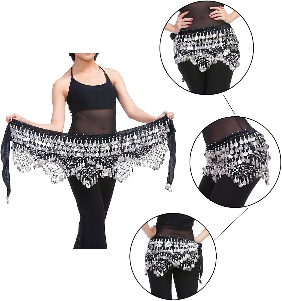 Saymequeen Belly Dancing Dance Waist Chain Hip Scarf Skirt Belt with 320 Coins (Black & Silver Coins) : Clothing, Shoes & Jewelry