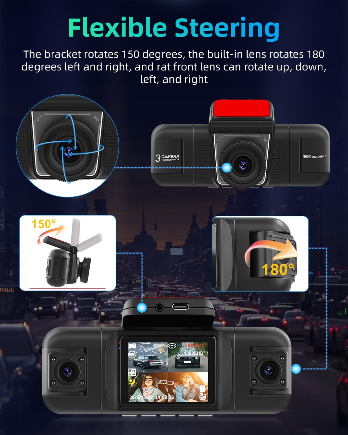 NHOPEEW Cámara para salpicadero de 4 Canales para Coches: cámara para salpicadero Delantera y Trasera de 1080p con visión Nocturna IR, grabación en Bucle, Sensor G + Tarjeta TF de 64 GB