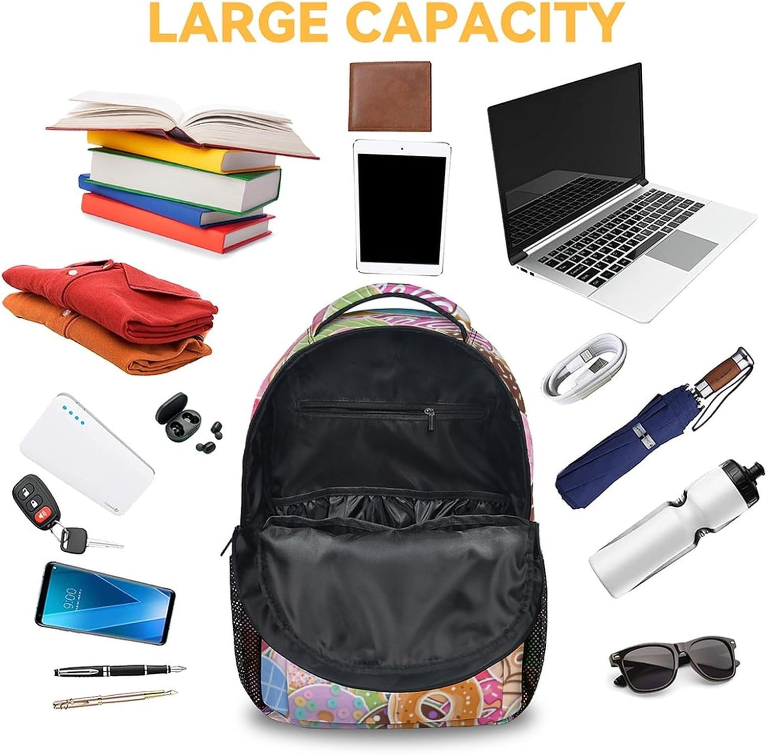 Donut Backpacks for Girls, Boys - 16 Inch Cute Backpack for School - Colorful, Large Capacity, Durable, Lightweight Bookbag for Kids Travel