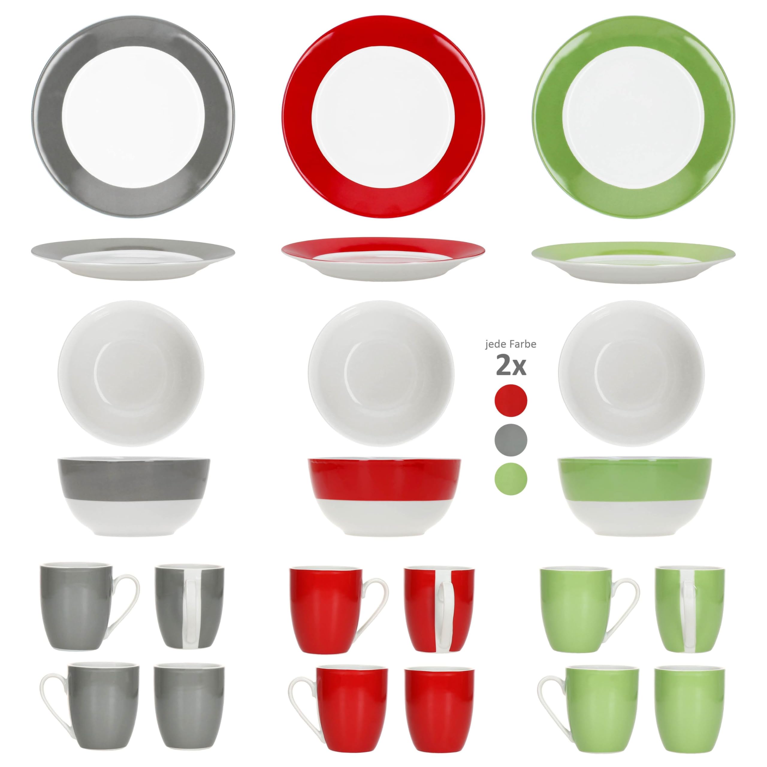 MamboCat Variant Trio Service de petit-déjeuner 18 pièces I 6 petites assiettes, 6 bols de 450 ml et 1 tasse à café 350 ml, hauteur 10,3 cm pour 6 personnes I Vaisselle en porcelaine pour le petit