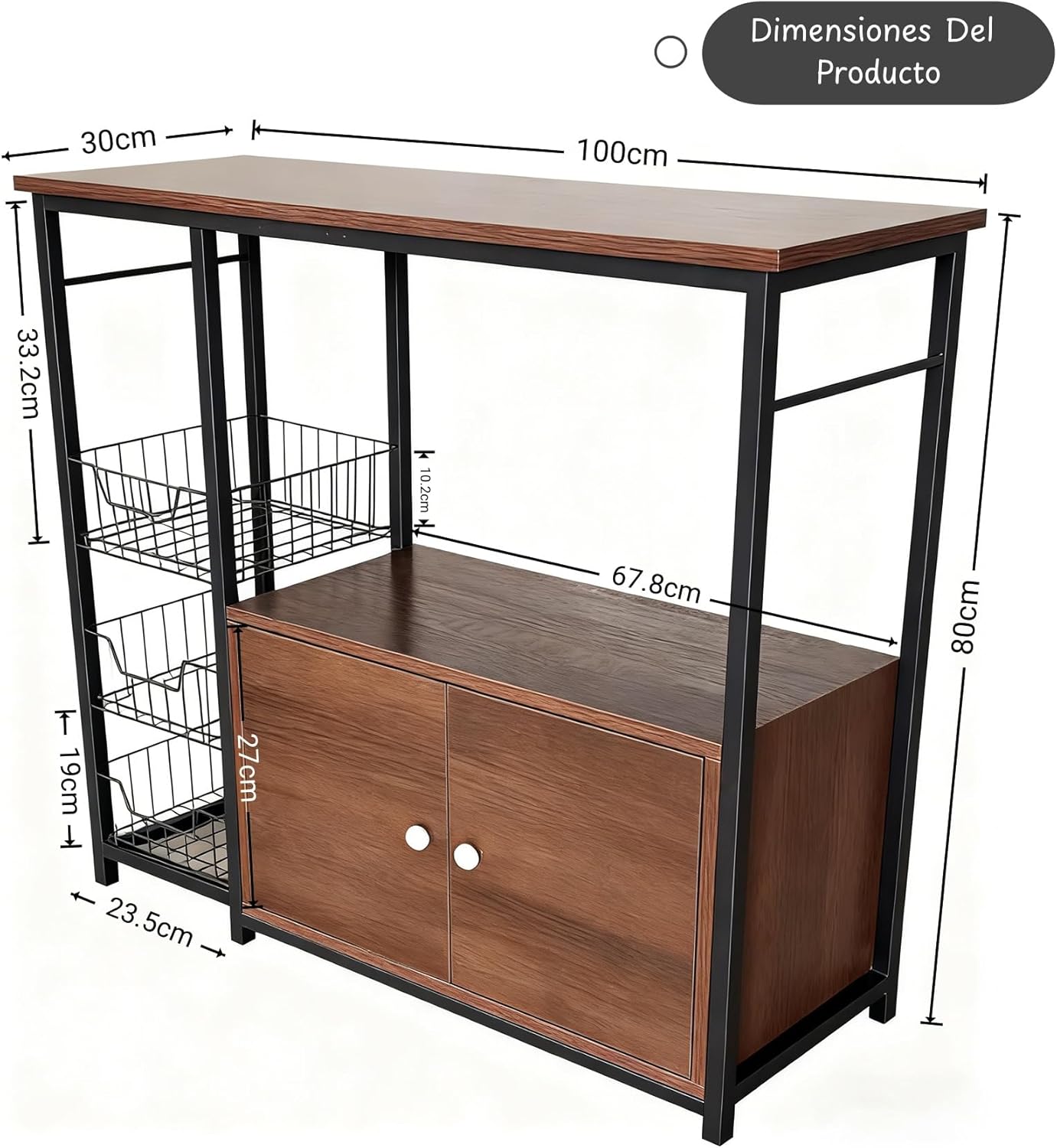 Diagram showing the dimensions of the TRIUMPHKEY K86 Kitchen Pantry Cabinet: 100cm width, 30cm depth, 80cm height.