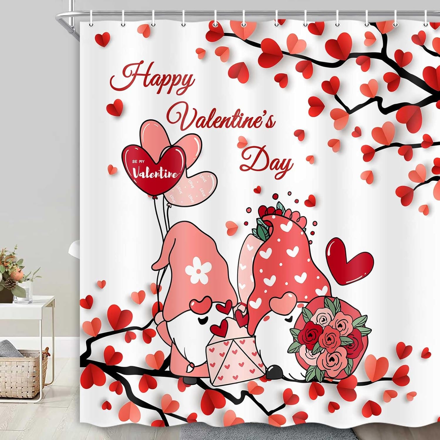 Valentines Shower Curtain, Cute Valentine Gnomes Shower Curtain Set with Hooks, Romantic Pink Red Hearts Farmhouse Fabric Bathroom Decor 72 x 72 Inches