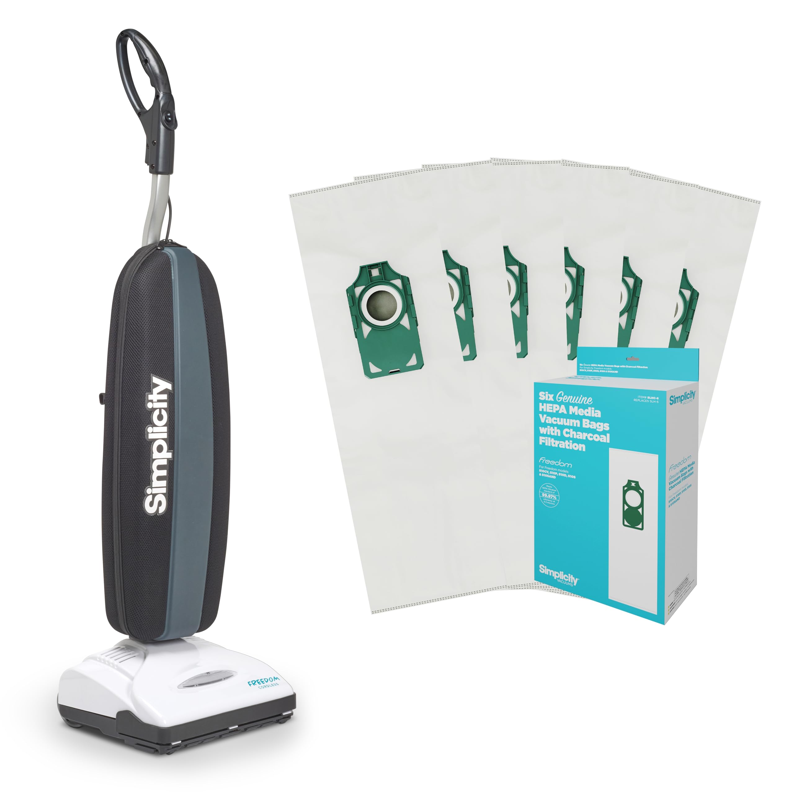 Simplicity Vacuums Freedom Cordless Vacuum Bundle with 6 Extra Bags Lightweight Battery Powered Auto-Adjusting Brushroll for Carpets and