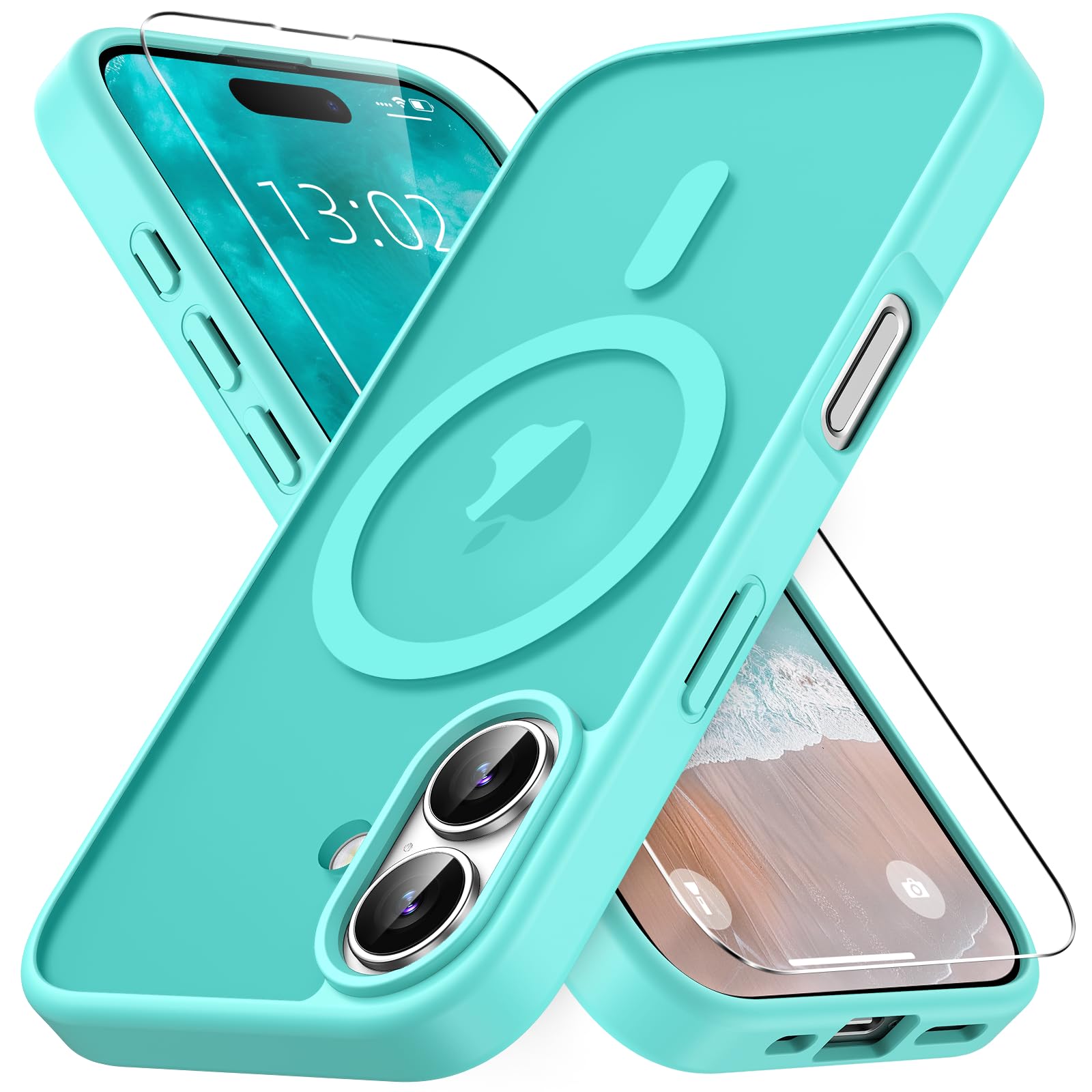 Vansdon Cover Magnetica per iPhone 16 con 1 Pezzi Vetro Temperato, Compatibile con Magsafe, Protezione anticaduta di livello militare, Custodia Traslucida Opaca Sottile Antiurto-Blu Verde | Blu Verde, Compatibile con Magsafe, Protezione anticaduta di livello militare, Custodia Traslucida Opaca Sottile Antiurto