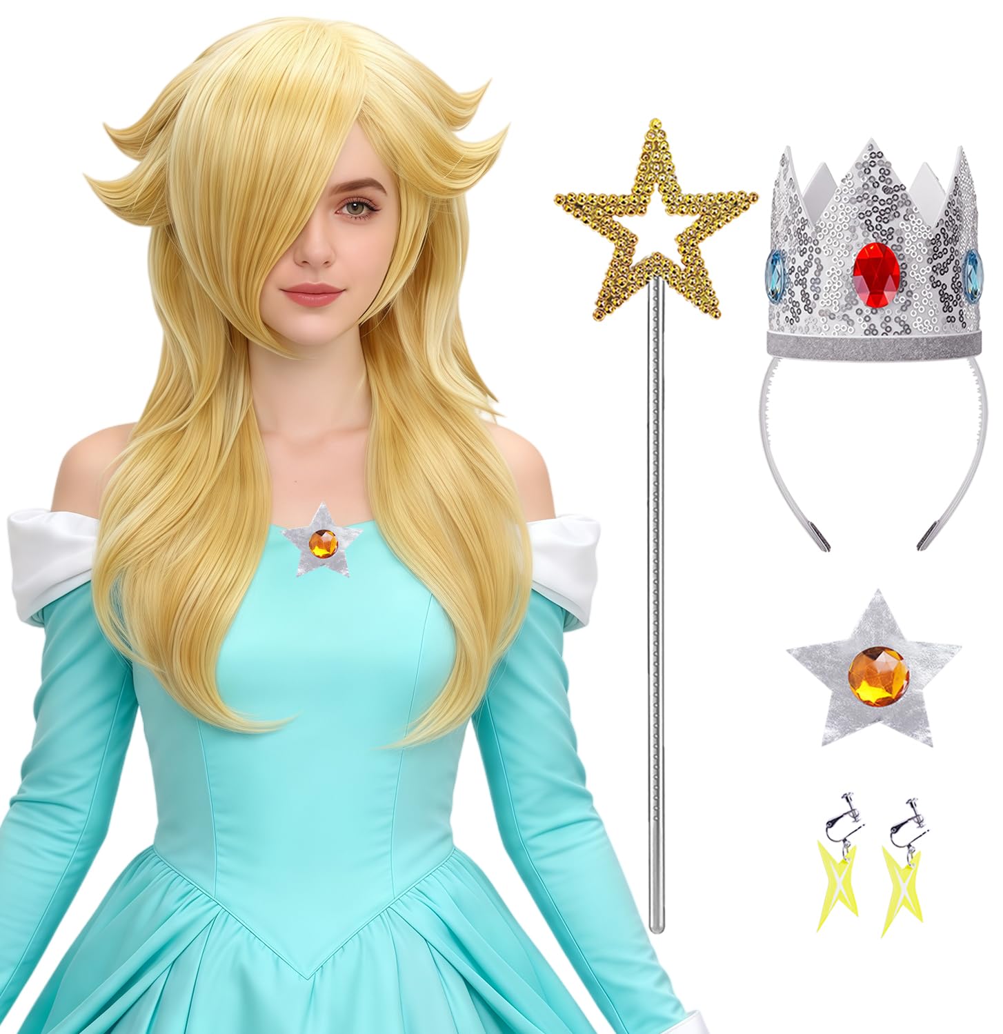 6-Piece Women Blonde Princess Wig for Rosalina Cosplay Costume Adults Halloween Wig, Long Wavy Wig with Crown Accessories, Pre-Cut Bangs, Tangle-Free & Ready to Wear SL055