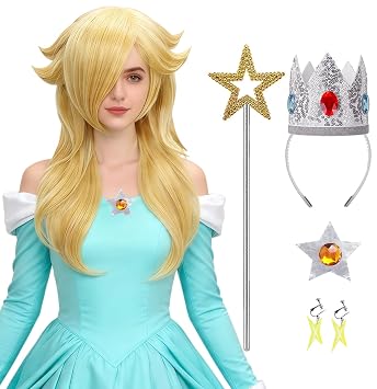 6pcs Women Blonde Princess Wig for Costume Halloween Wig SL055 | Adults Long Wavy Wig with Crown Accessories, Pre-Cut Bangs, Tangle-Free, Ready to Wear for Cosplay Party Halloween