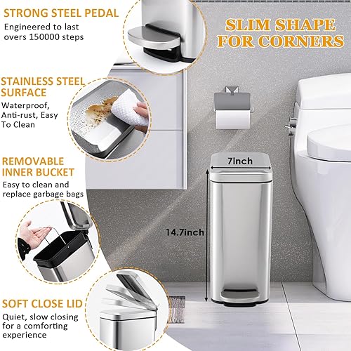Miniatura 3 de BSSN Juego de basurero delgado de 2.7 galones y cepillo para tolitos, bolsas de basura, cubo de basura rectangular de acero inoxidable de 10 litros