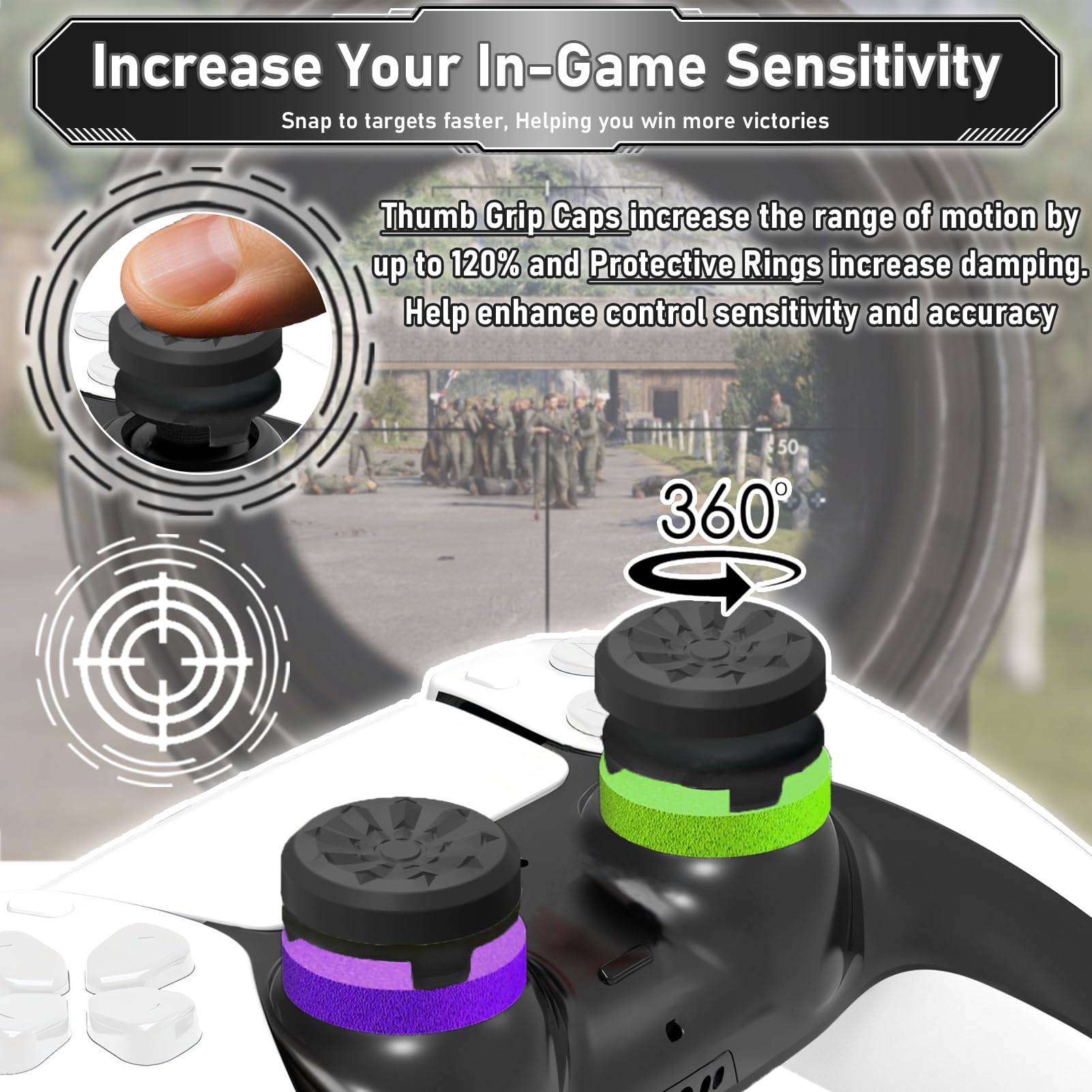 TEUVO Thumbstick per PS5 Copri Analogici, 2 Gommini Joystick per PS5 & 3 Precision Rings Assistance Shock Absorbers Tappi Analogico PS4 Controllore Accessori Controllo e Ridurre Pollice La Stanchezza - 3