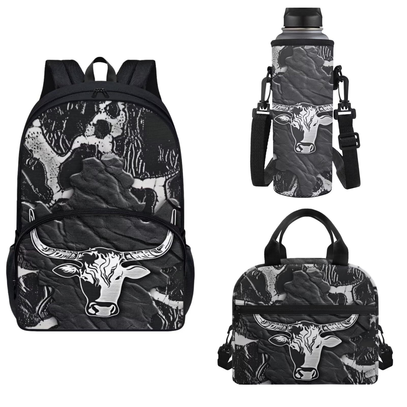 Horeset Bull Print Backpack for School Boys Bookbag Rucksack with Picnic Lunch Box Water Holder Case, Large Capacity Satchel Laptop Bags for Kids