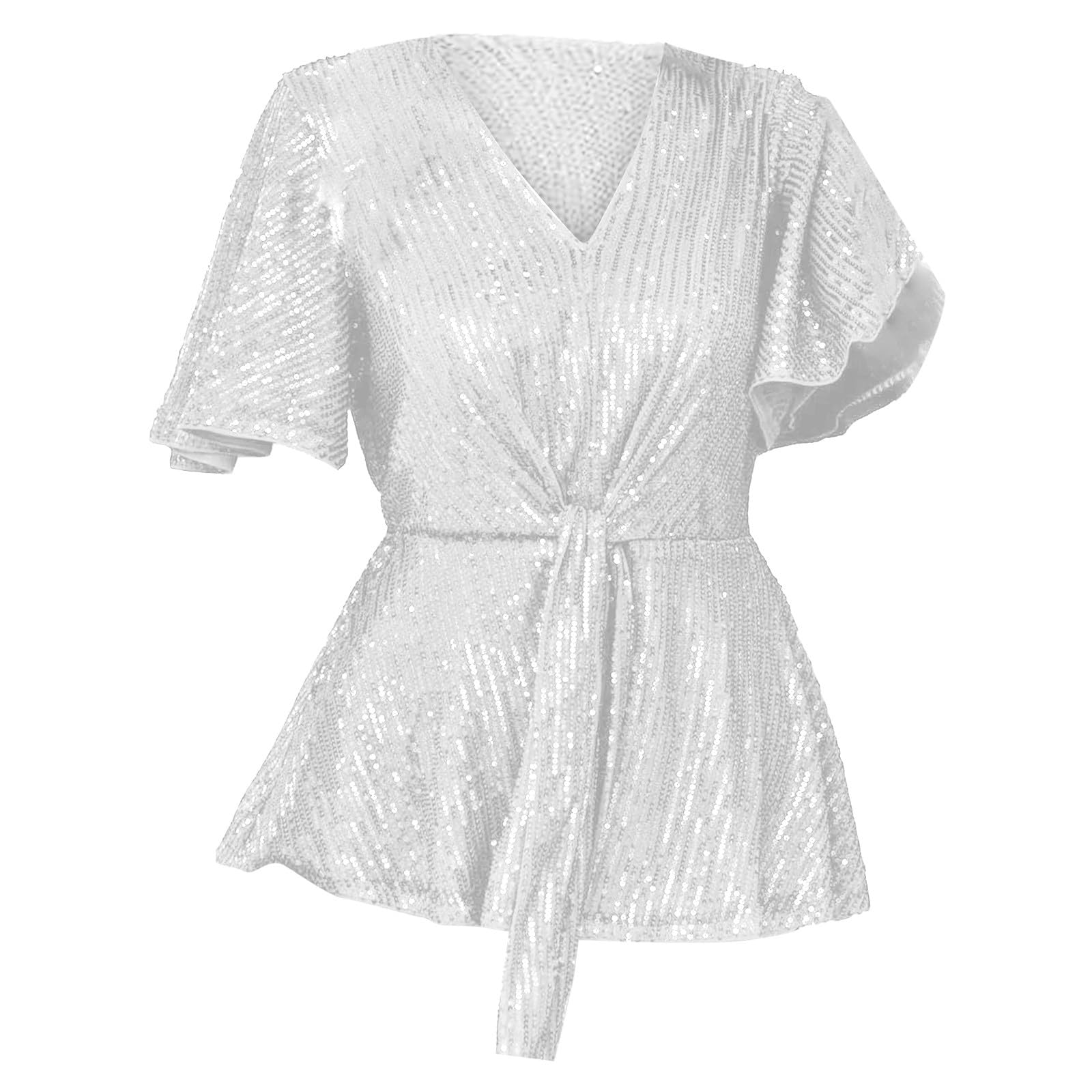 Top a lentejuelas para mujer, camiseta de noche, camiseta de cuello en V, elegante, camiseta de manga volante, alta elegante, color liso, camiseta holgada, camiseta de baile carnaval, camiseta
