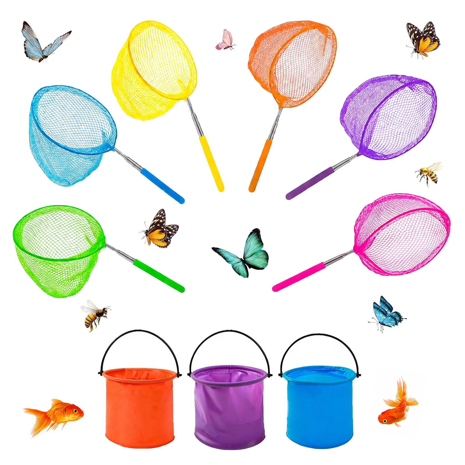 6 Piezas Redes Telescópicas de Mariposa Red de Pesca Extensible 37-85 cm con 3 Cubos Plegables Red de Mariposas de Acero Inoxidable,Red Retráctil para Atrapar Insectos,Mariposa,Peces Pequeños