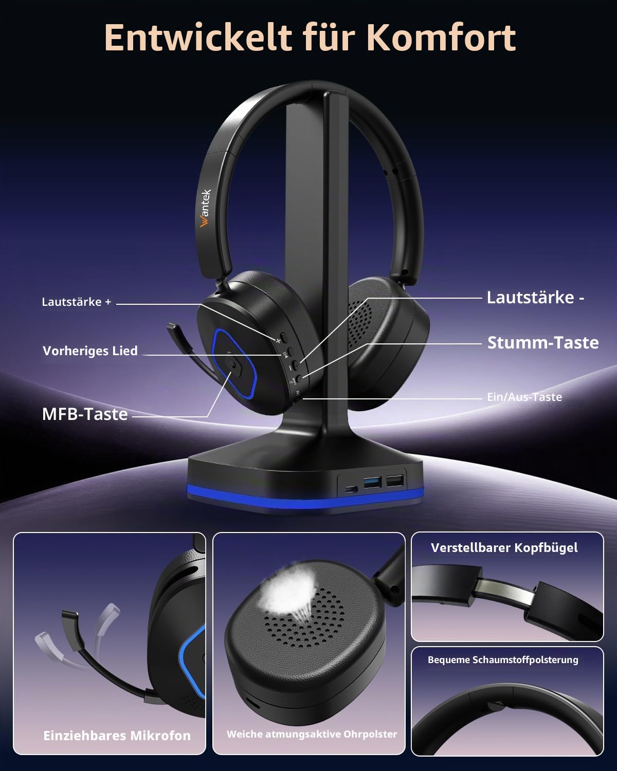 Wantek Kabelloses Headset mit Mikrofon, Bluetooth Headset mit Ladestation, Wireless Kabelloses Headphone mit Mikrofon und USB Dongle, Call Center Headphone für Computer Laptop Teams Büro Zoom