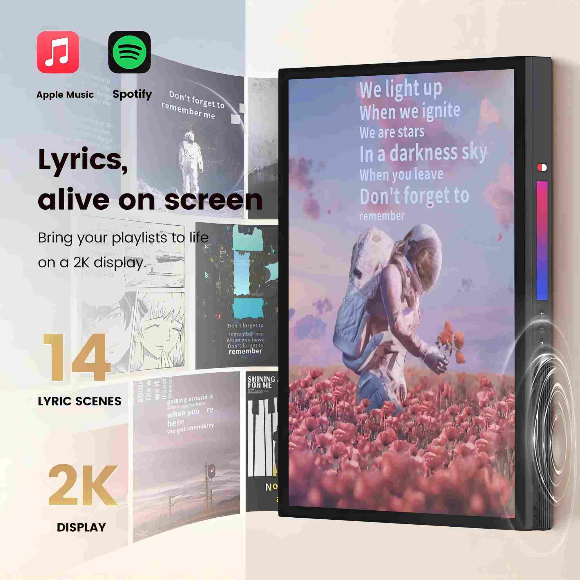 Gallery T2 - Altavoz Bluetooth con marco de música, estéreo de alta fidelidad 2.1, pantalla Wi-Fi 2K similar al papel con letras dinámicas, diseño de pared o mesa, compatible con Spotify
