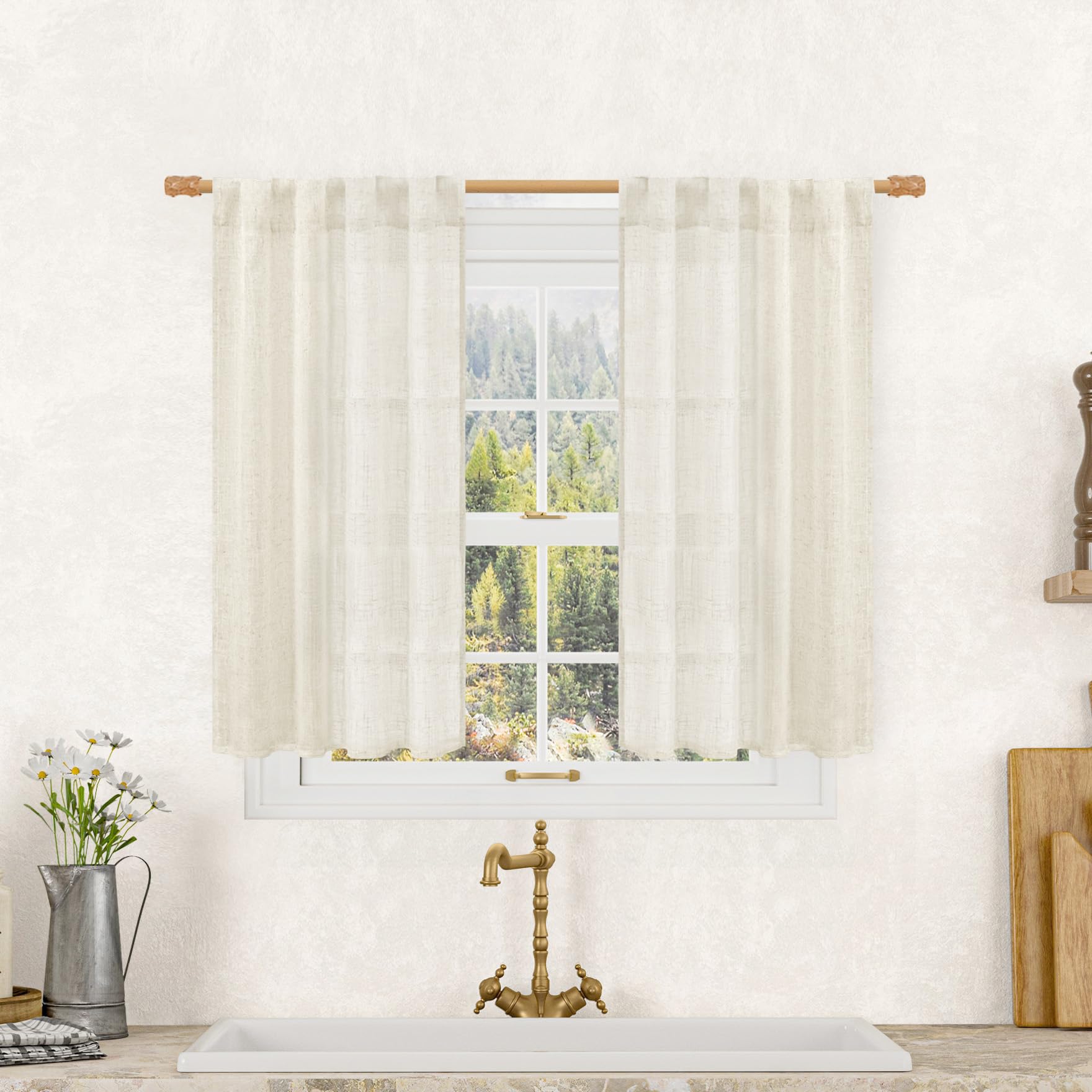 LAMIT Semi Sheer Linen Curtains 40 Inch Length for Cafe, Light Filtering Panels Back Tab and Rod Pocket Neutral Drapes for Bathroom/Kitchen, 25 x 40 Inch, Natural, 2 Panels — image 1