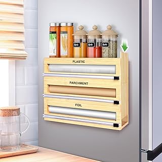 MSJGA Magnetic Plastic Wrap Dispenser with Cutter, 3 in 1 Refrigerator Bamboo Organizer for Tin Foil, Baking Paper, Wax Paper Holder Kitchen Storage Box Compatible