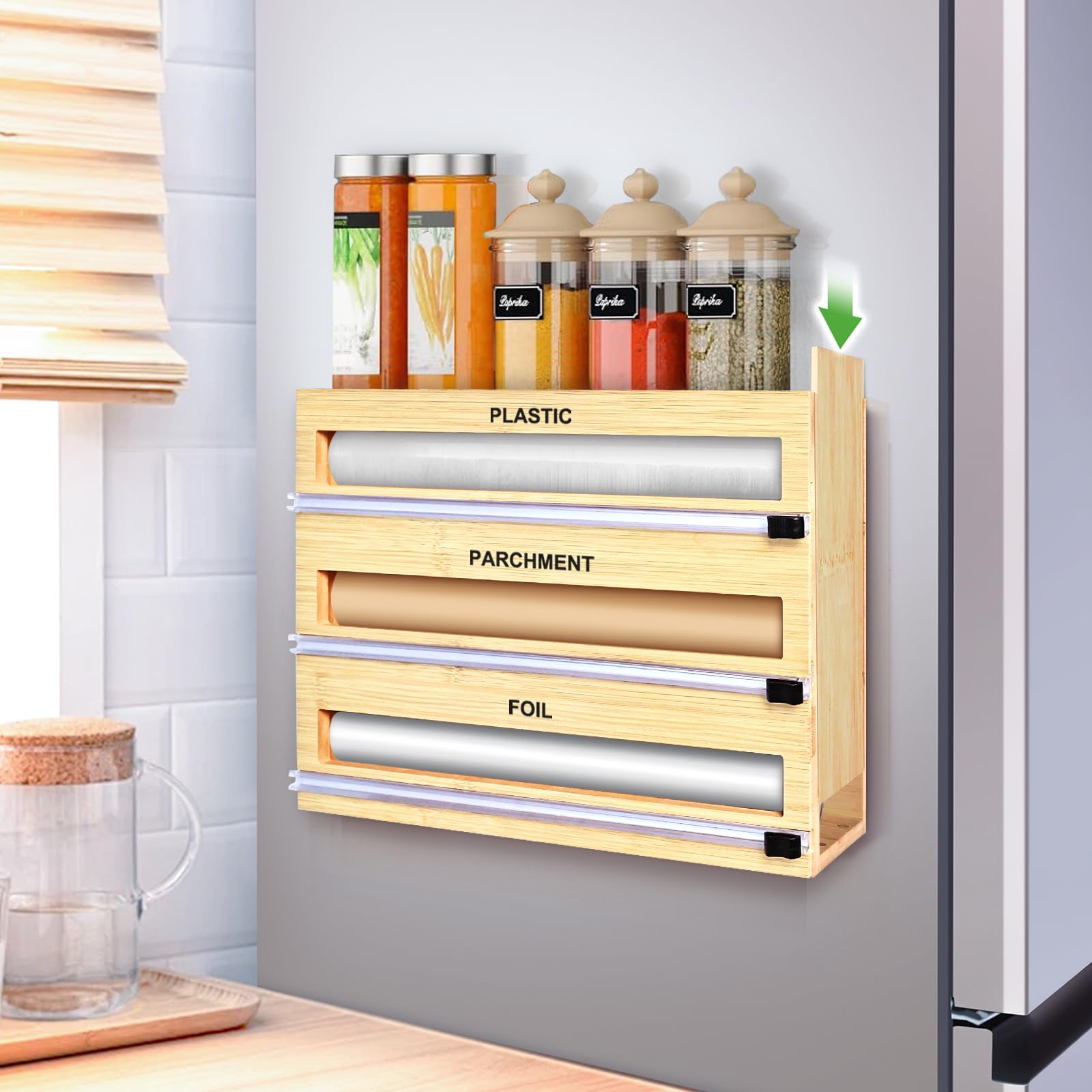 Photo 1 of ***DAMAGE MINOR**** MSJGA Magnetic Plastic Wrap Dispenser with Cutter, 3 in 1 Refrigerator Bamboo Organizer for Tin Foil, Baking Paper, Wax Paper Holder Kitchen Storage Box Compatible