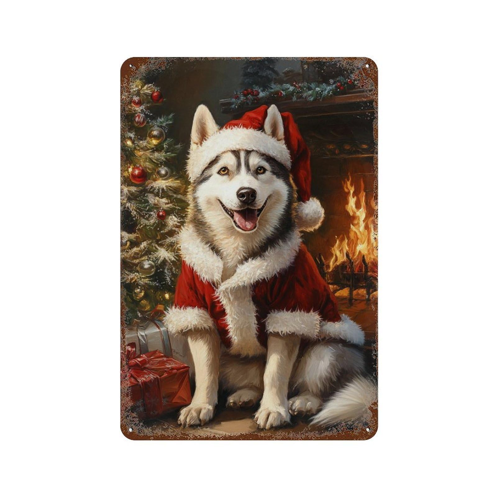 Christmas Siberian Husky Decorative Tin Sign 11.8"x7.9", Farmhouse Wall Decor for Garage, Bar And Workshop Decor