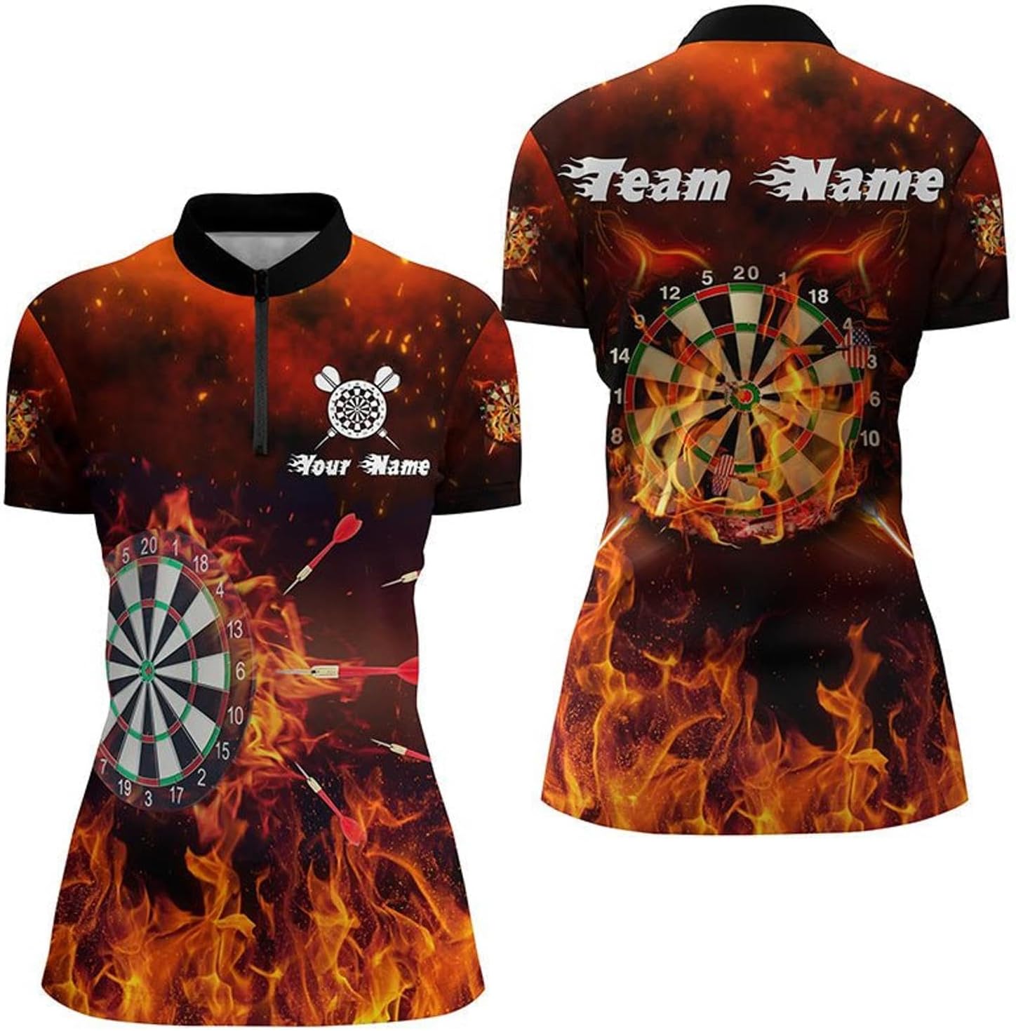 Women's Fire Flames Design Quarter Zip Dart Jersey Lightweight Breathable Fabric for Comfort and Performancey Y84