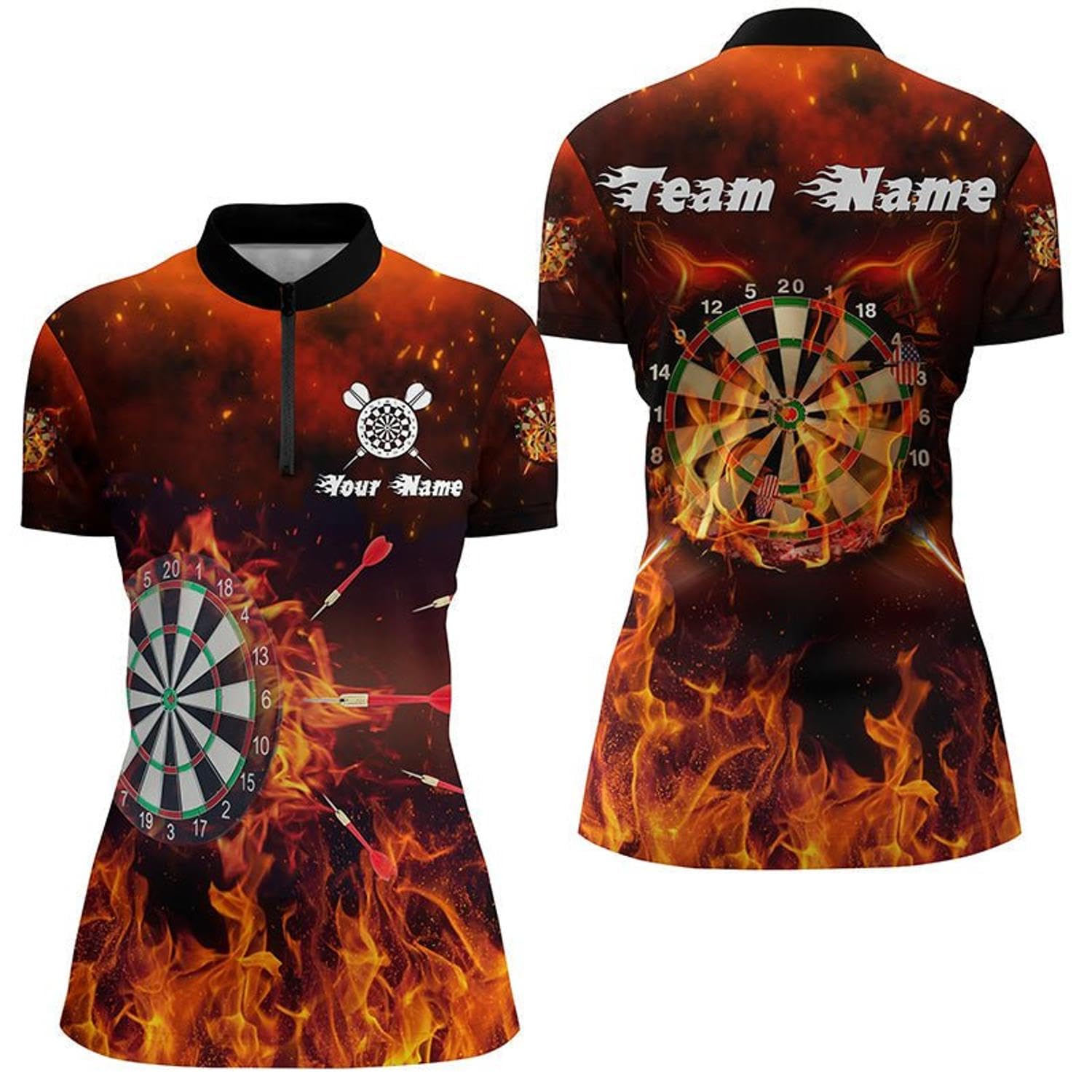 Outfitsuche Women's Fire Flames Design Quarter Zip Dart Jersey Lightweight Breathable Fabric for Comfort and Performancey Y84
