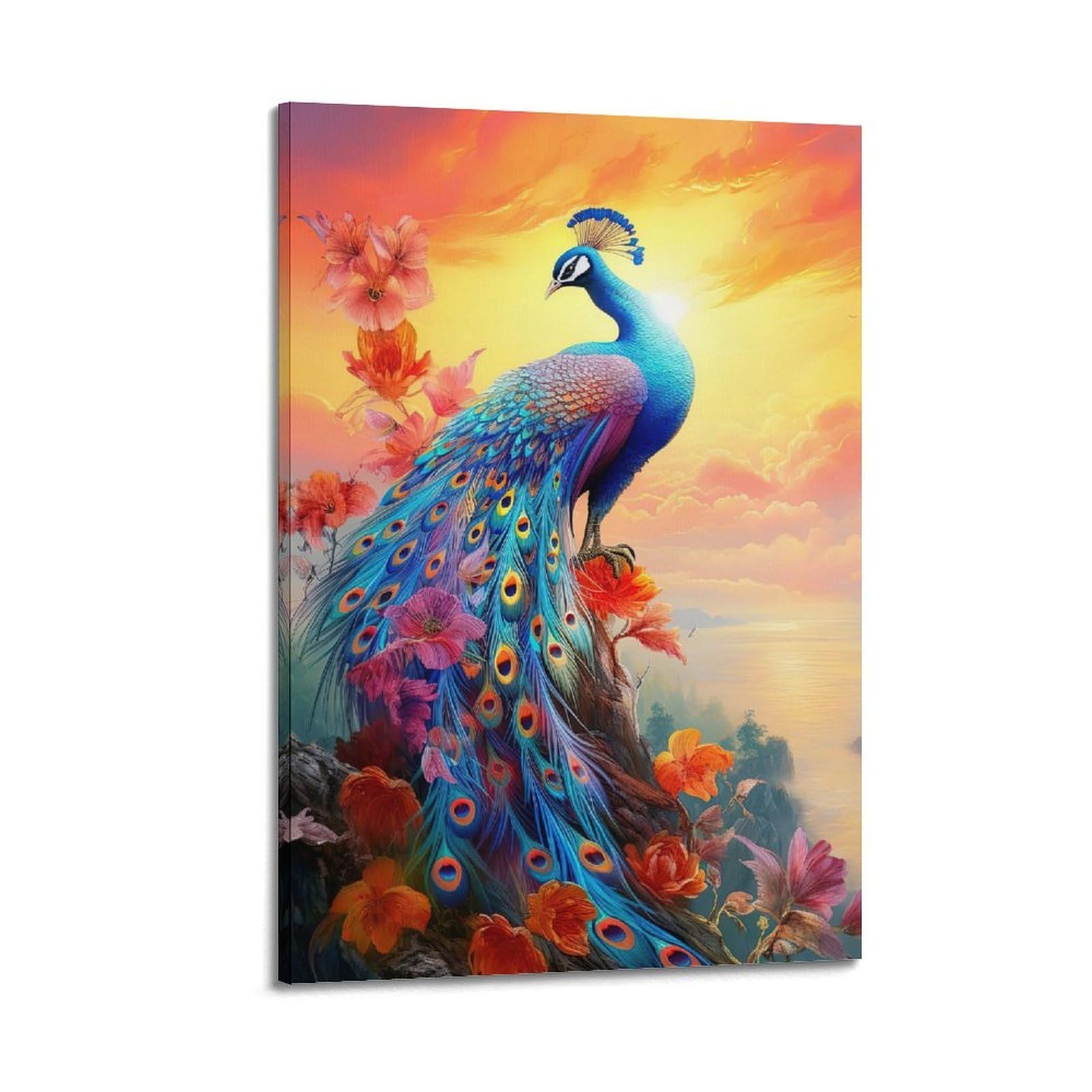 ZSZWHJ Flower Poster Tropical Peacock with Ocean Sunset Landscape Poster Decorative Painting Canvas Wall Posters And Art Picture Print Modern Family Bedroom Decor Posters 16x24inch