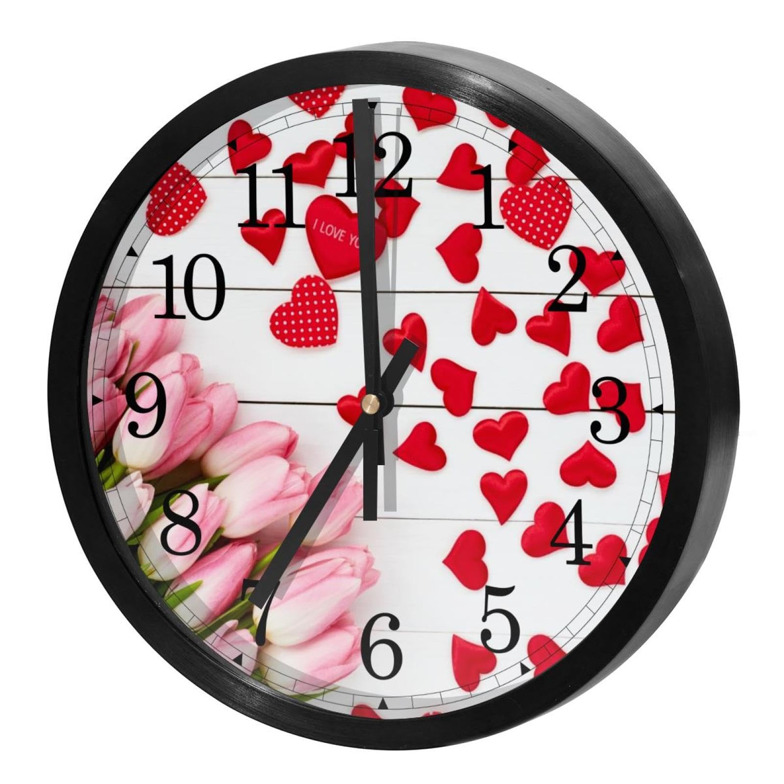 Horloge murale cuisine et salon ronde avec motif tulipes et cœurs pour une ambiance chaleureuse