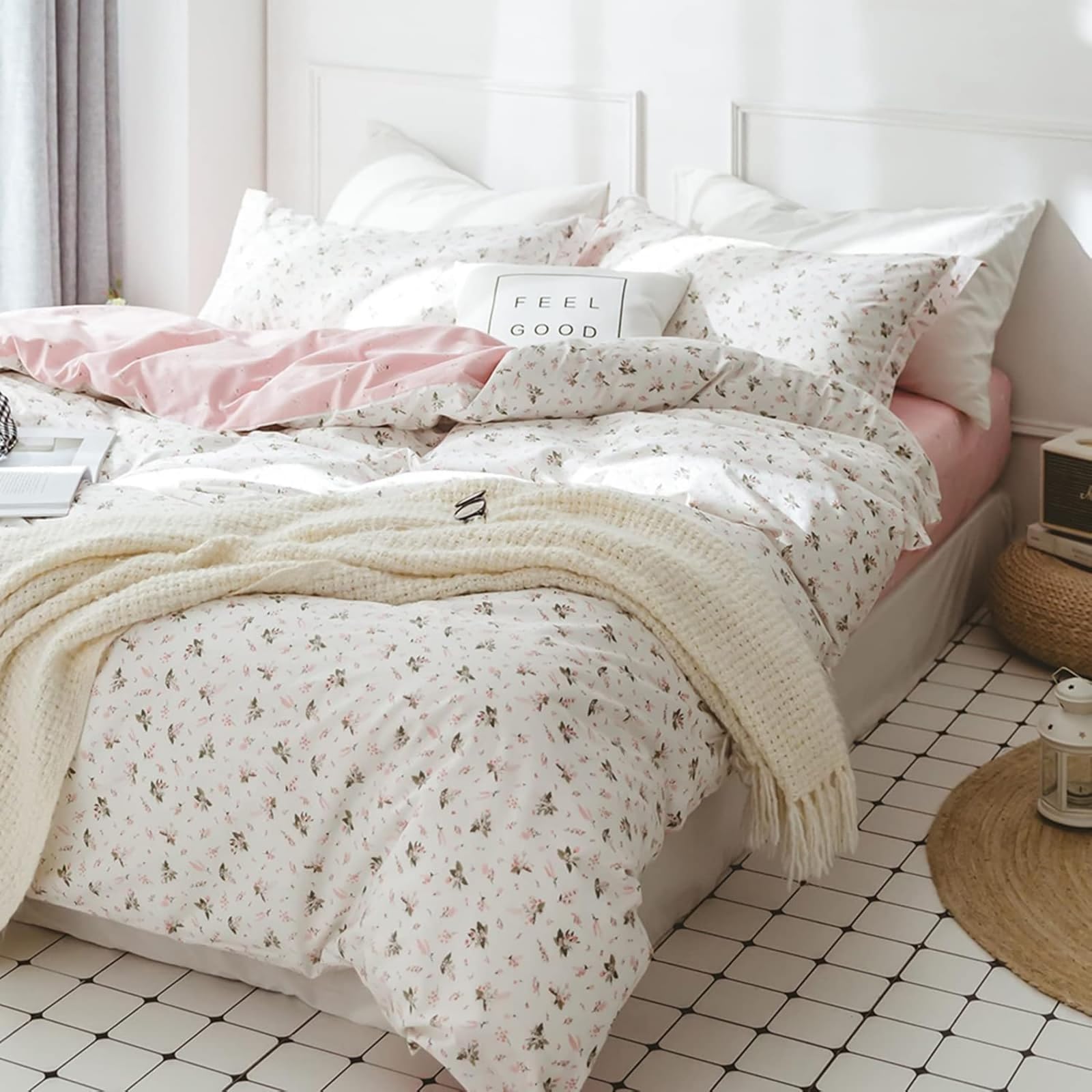 Parure De Lit Fleurie 140x200 Cm + Taie 65x65 Cm - Microfibre Rose Blanc - Freyamy