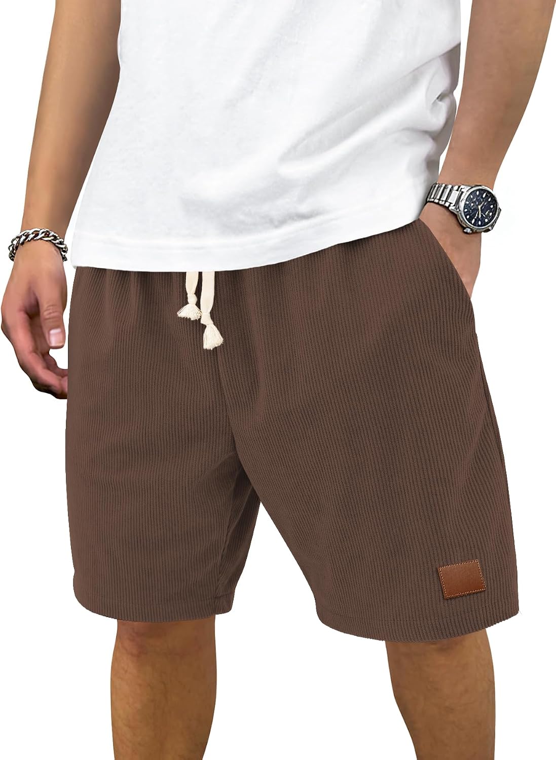 Hardaddy Mens Corduroy Shorts Casual Elastic Waist Drawstring Lightweight Summer Beach Lounge Short(Light Pink Small)
