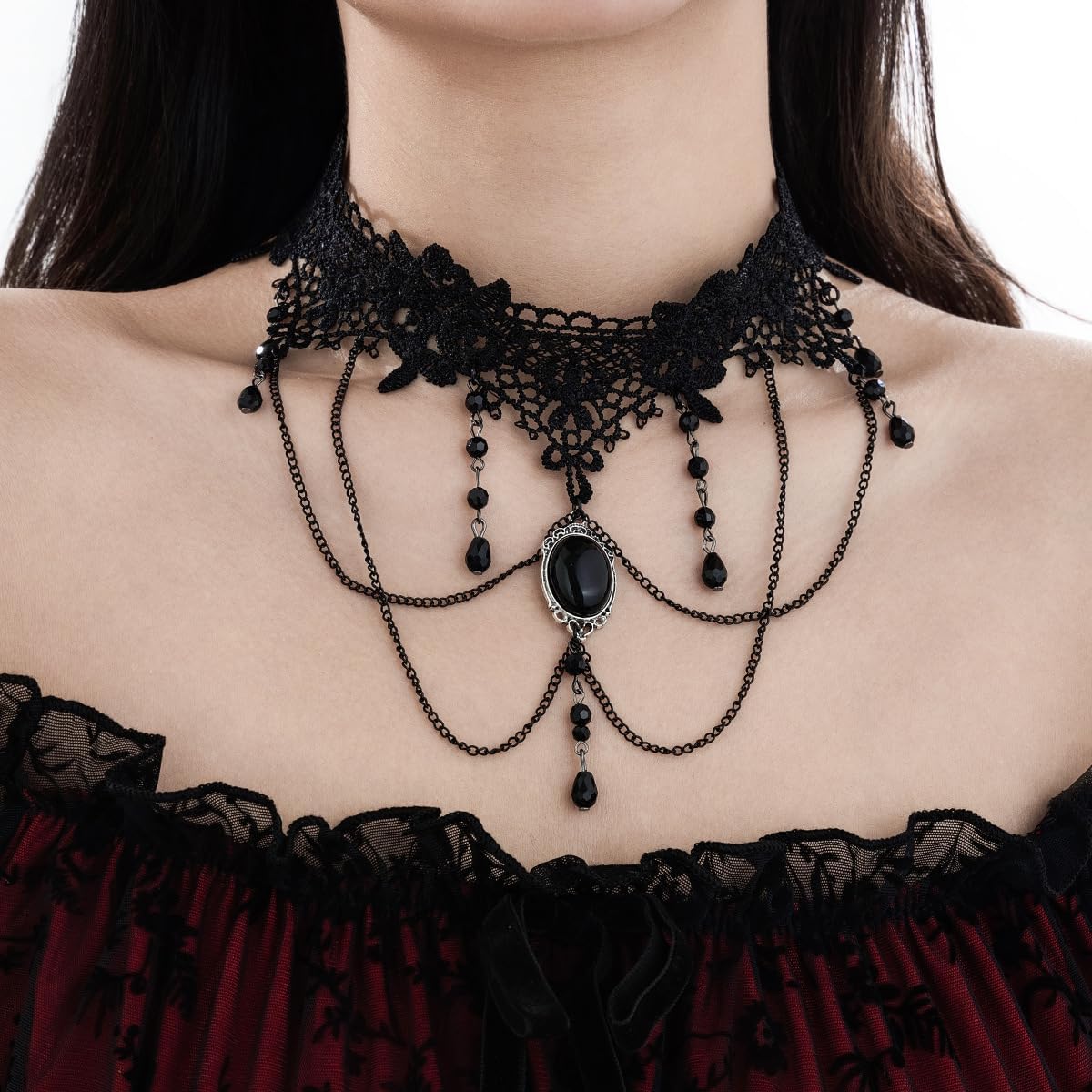 Gothic Black Lace Choker Necklace Vintage Crystal Bead Tassel Necklace Halloween Costume Party Prom Vampire Jewelry For Women