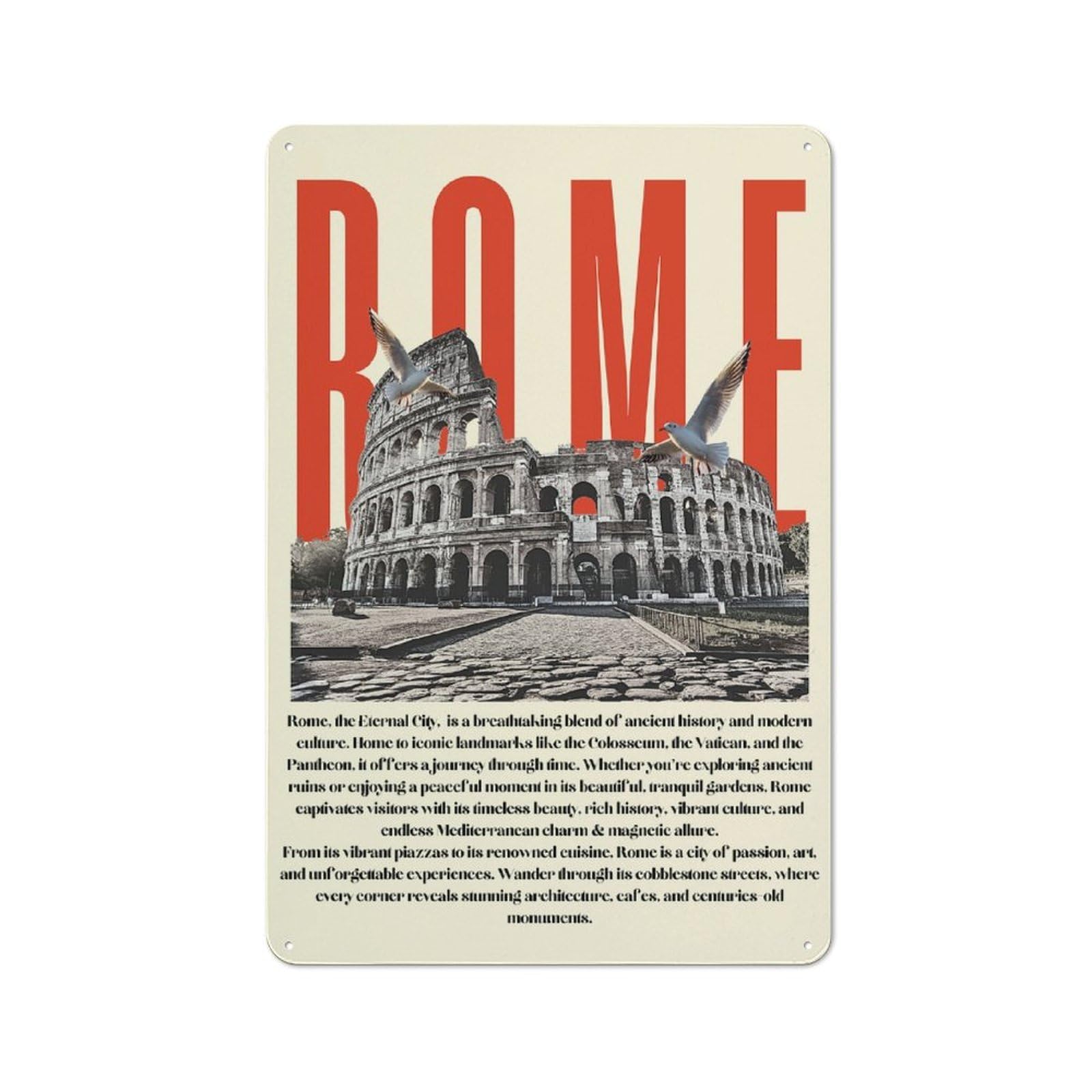 Junmoney Style-12 Rome Travel (5) Rustic Tin Wall Plaque 30X20cm For Hobby Room Or Studio, A Christmas Gift For People Styling Hobby Room And Studio