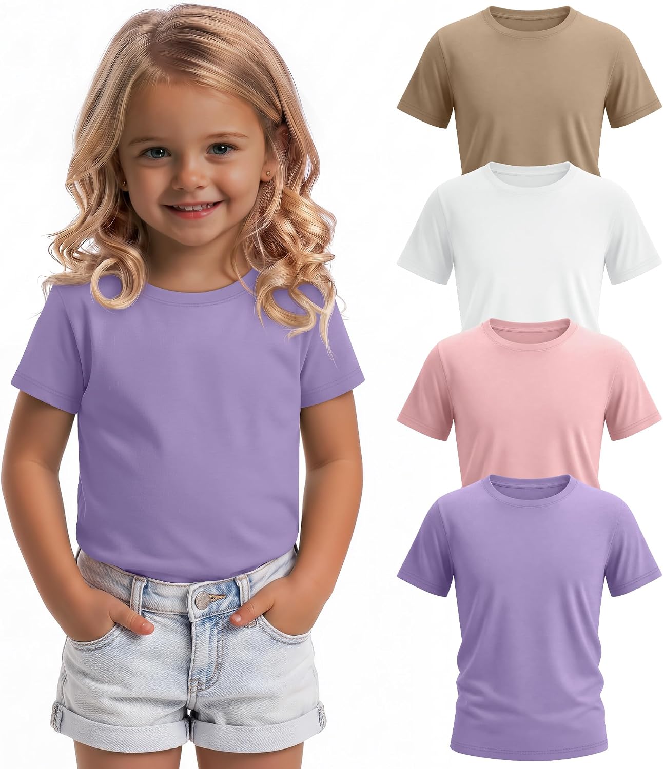 Yooo's Vivi 4 Pack Toddler Girls Shirts Short Sleeve Baby Crew Neck Fitted Tops Basic Solid Casual Summer Tees 18M-5T