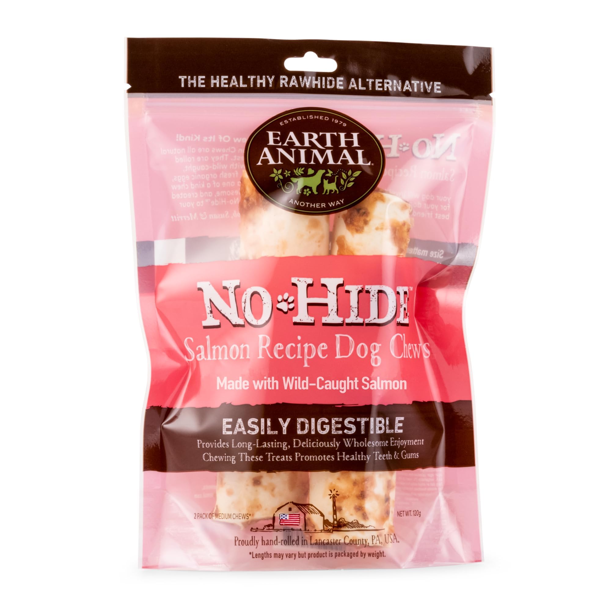 EARTH ANIMAL Średnie, wytrzymałe, naturalne gryzaki No-Hide o smaku łososia wolne od niewyprawionej skóry | Przysmak dla małych psów | Wspaniały przysmak dla psów agresywnych (2 sztuki w opakowaniu)