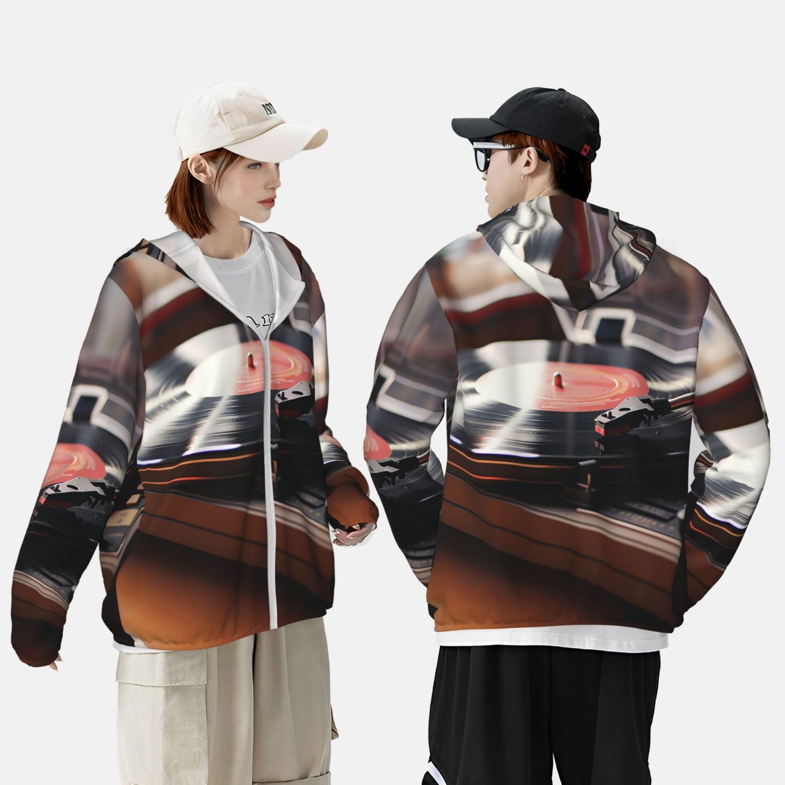 NONHAI Men's Sun Protection Jacket UPF 50+ Full Zipper Long Sleeve UV Hoodie Shirt Record Player Women's Outdoor Jacket