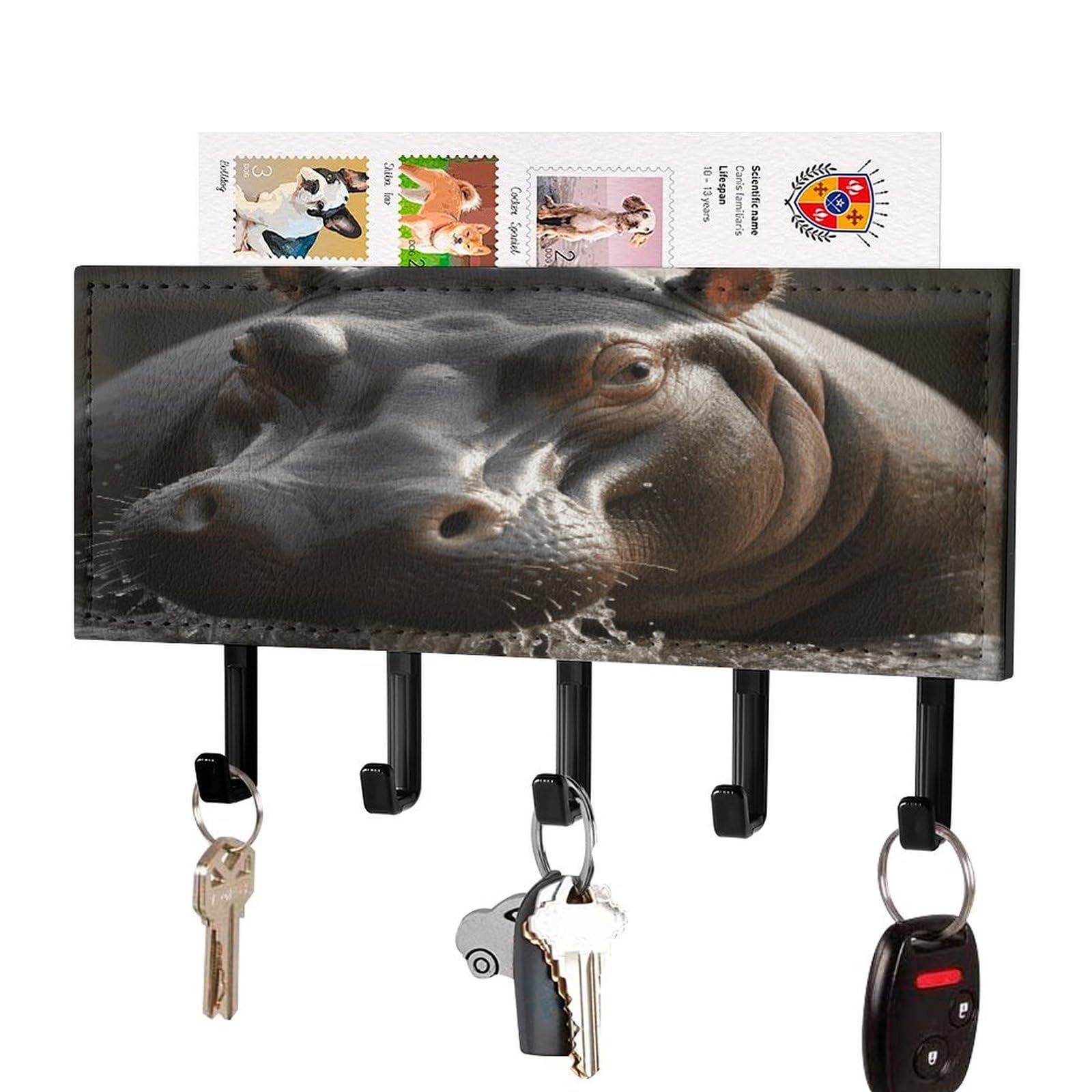 Fekiloot Black-Style Hippo Key Holder Wall Mount Key And Mail Holder Key Hanger With 5 Hooks Decorative Pu Key Rack Hanging Key Hooks For Wall Living Room Kitchen Bathroom Hallway