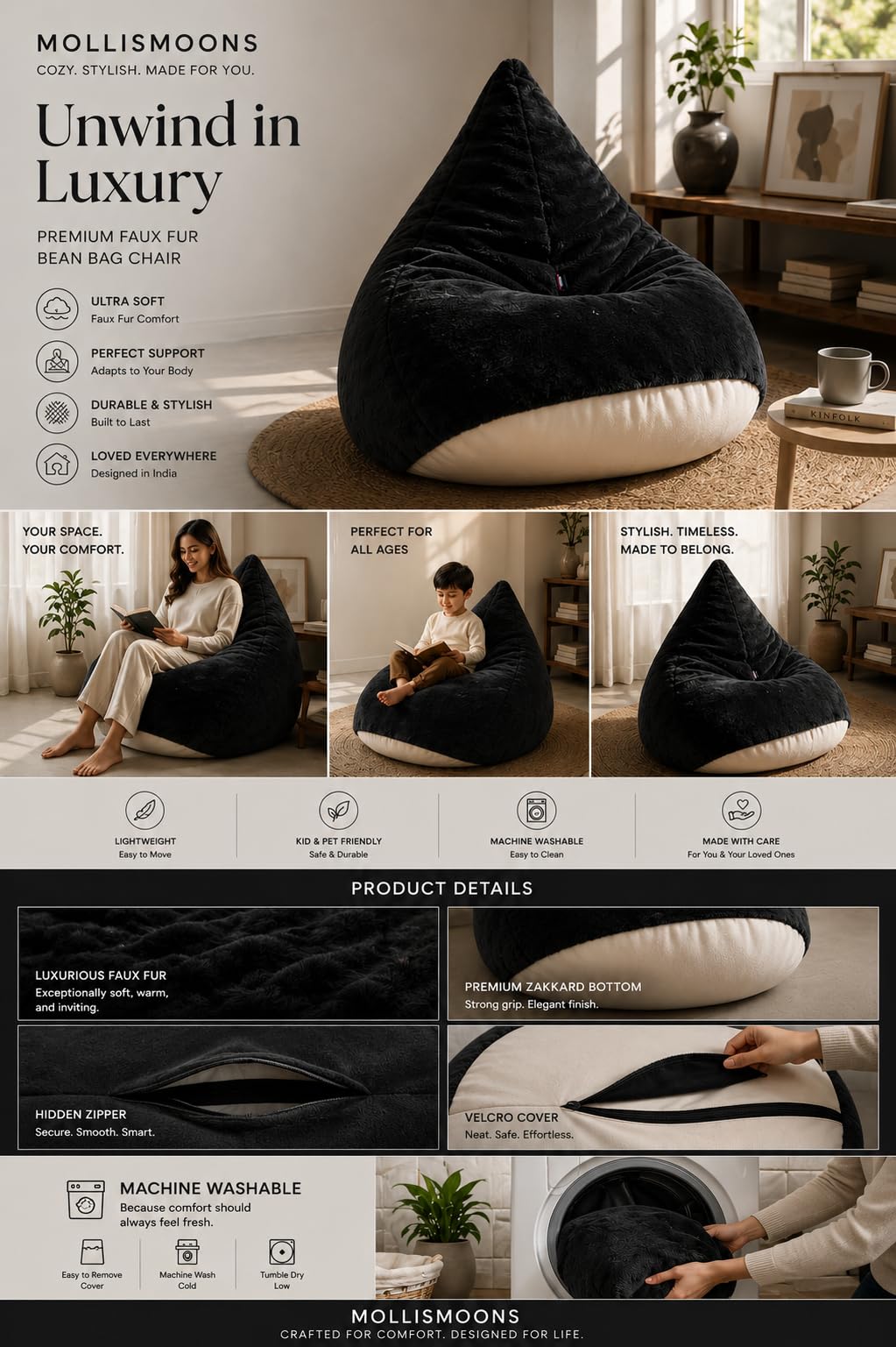 Mollismoons Bean Bag XXXL Size for Adults & Kids Fur bin Bag Luxury Bean Bag Chair (White, Bean Bag Without Beans Cover(Assembly Required)) 1