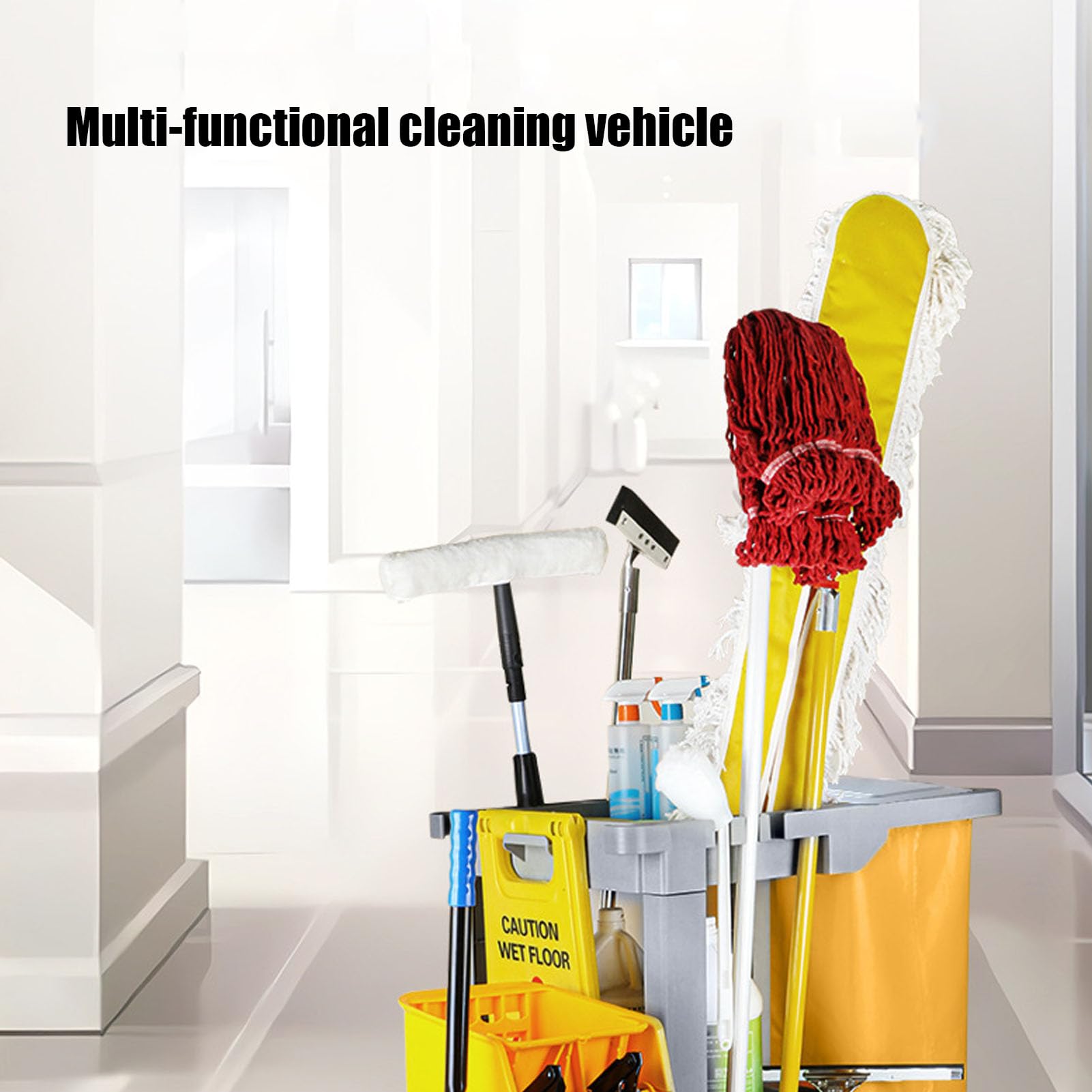 Carrello per Pulizie Commerciale su Ruote con secchi per mocio | Gruppo strizzatore, scaffali organizer a più livelli e sacco per rifiuti di grande capacità
